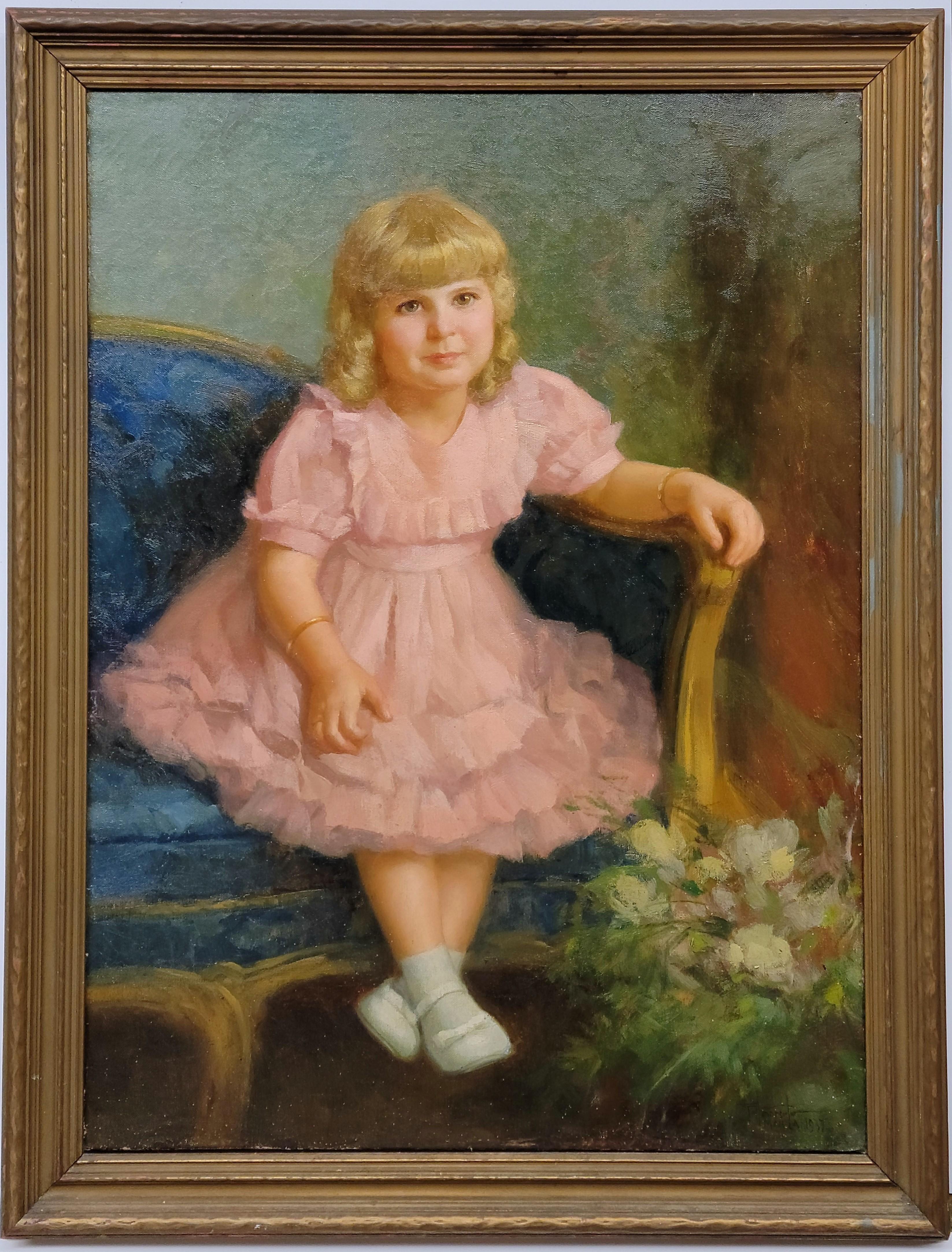 Girl in Pink Dress, 1937 Portrait Painting by Fernando Amorsolo, Filipino Artist