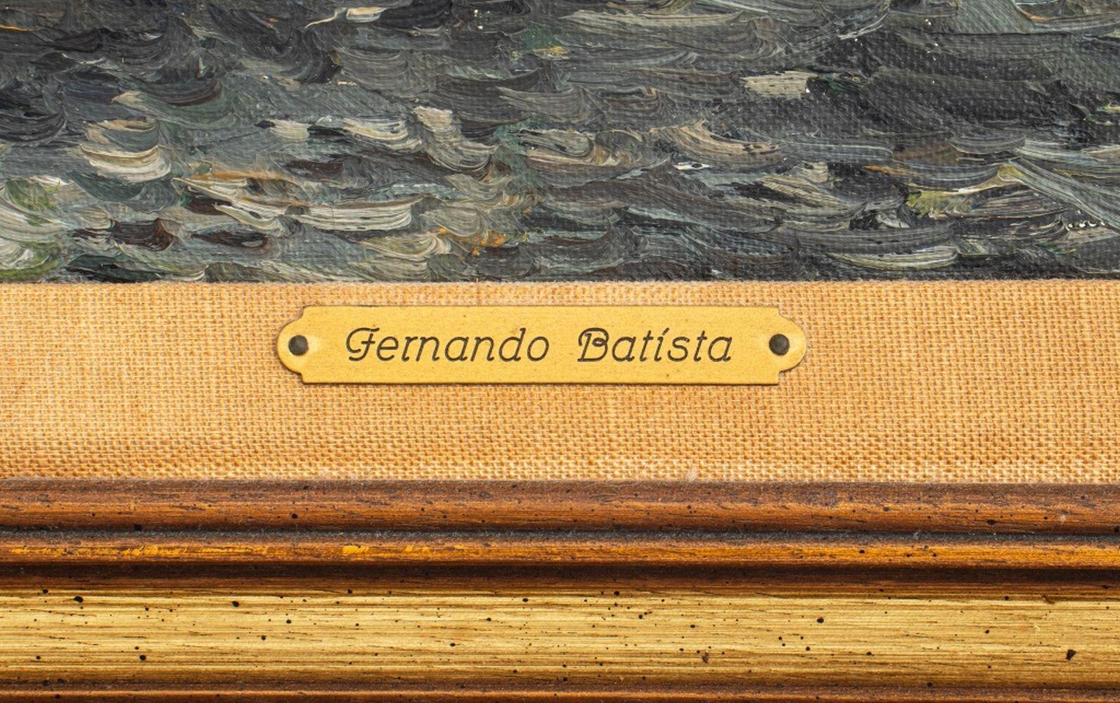 Fernando Batista (Amerikaner, geb. 1925), Hafenszene, Öl auf Leinwand, links unten signiert, mit Künstlerplakette am Holzrahmen. Bild: 19,75