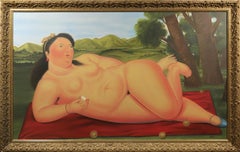 Peinture à l'huile "Colombiana" Femme nue couchée dans le style de Fernando Botero