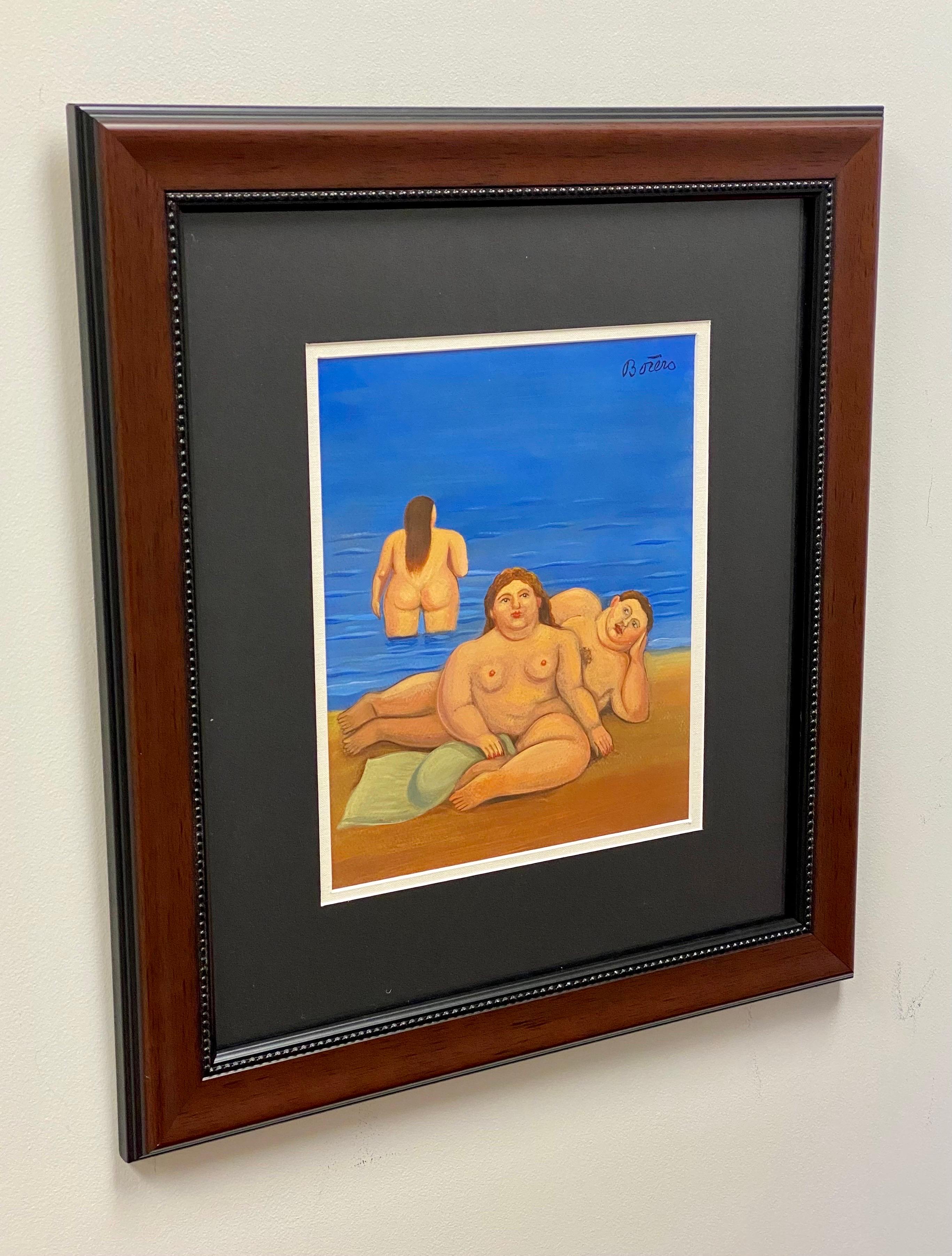 Cuadro en acuarela de Fernando Botero, Hombre y mujer en la playa, firmado y enmarcado 2