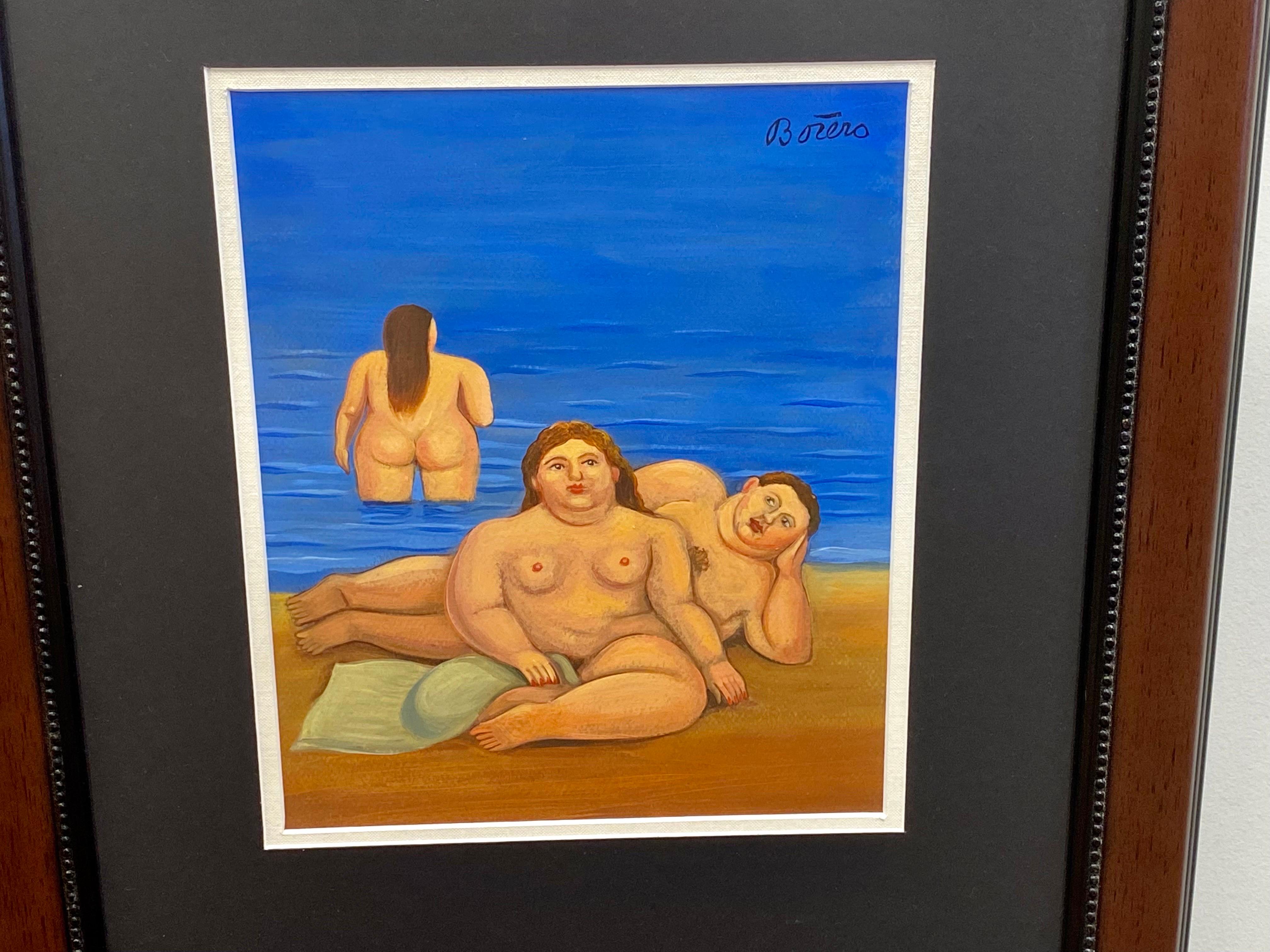 Cuadro en acuarela de Fernando Botero, Hombre y mujer en la playa, firmado y enmarcado 3