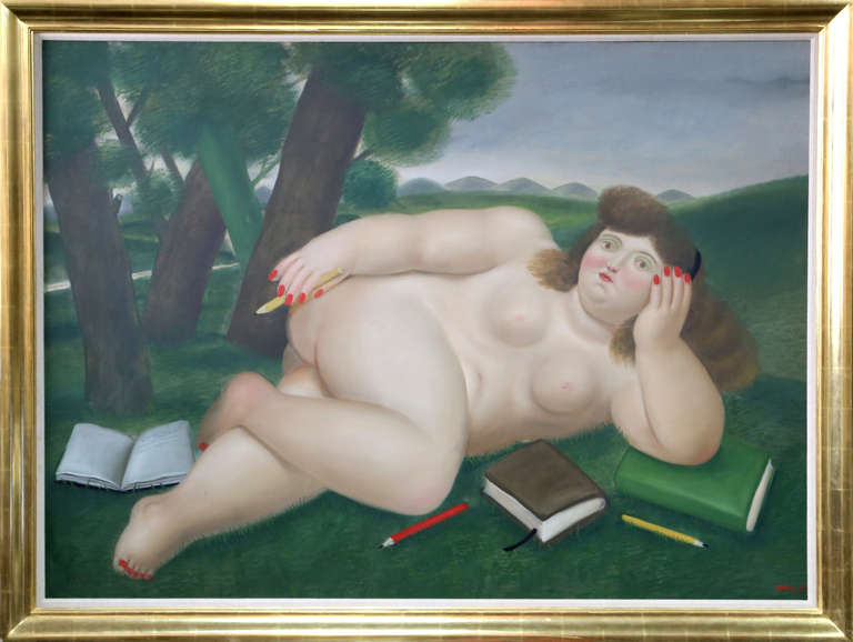 Fernando Botero Nude Painting - Reclining Nude with Books and Pencils on Lawn
