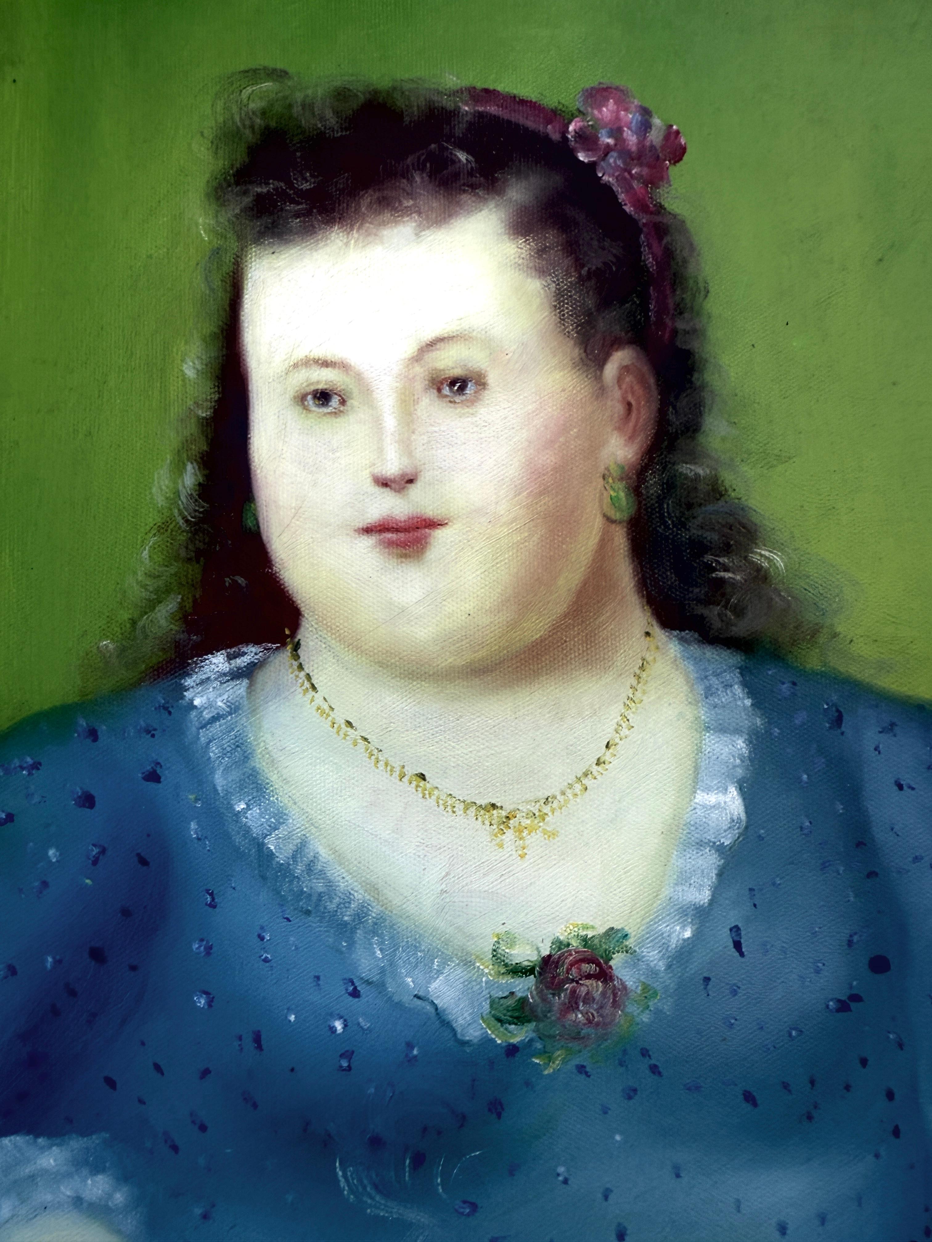 Femme assise en bleu huile sur toile - Noir Interior Painting par Fernando Botero