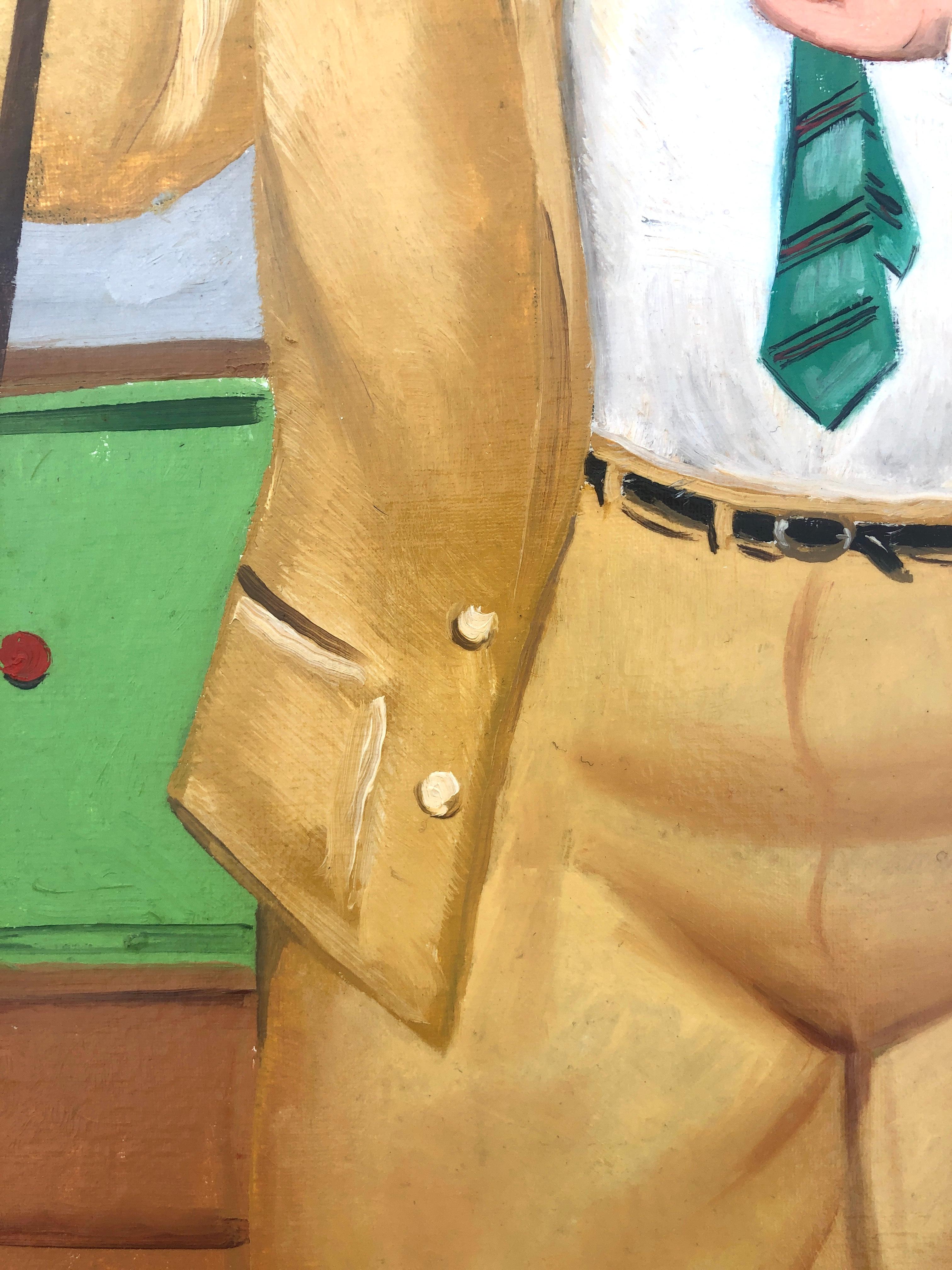 Título: El jugador de billar
Artista: Anónimo
Técnica: Óleo sobre lienzo
Dimensiones: 39,4 x 31,9 pulg.
Periodo: c. 2000
Estado: Bueno
Movimiento artístico: Figurativismo Contemporáneo, Neofiguración

Descripción de la obra
Este cuadro representa
