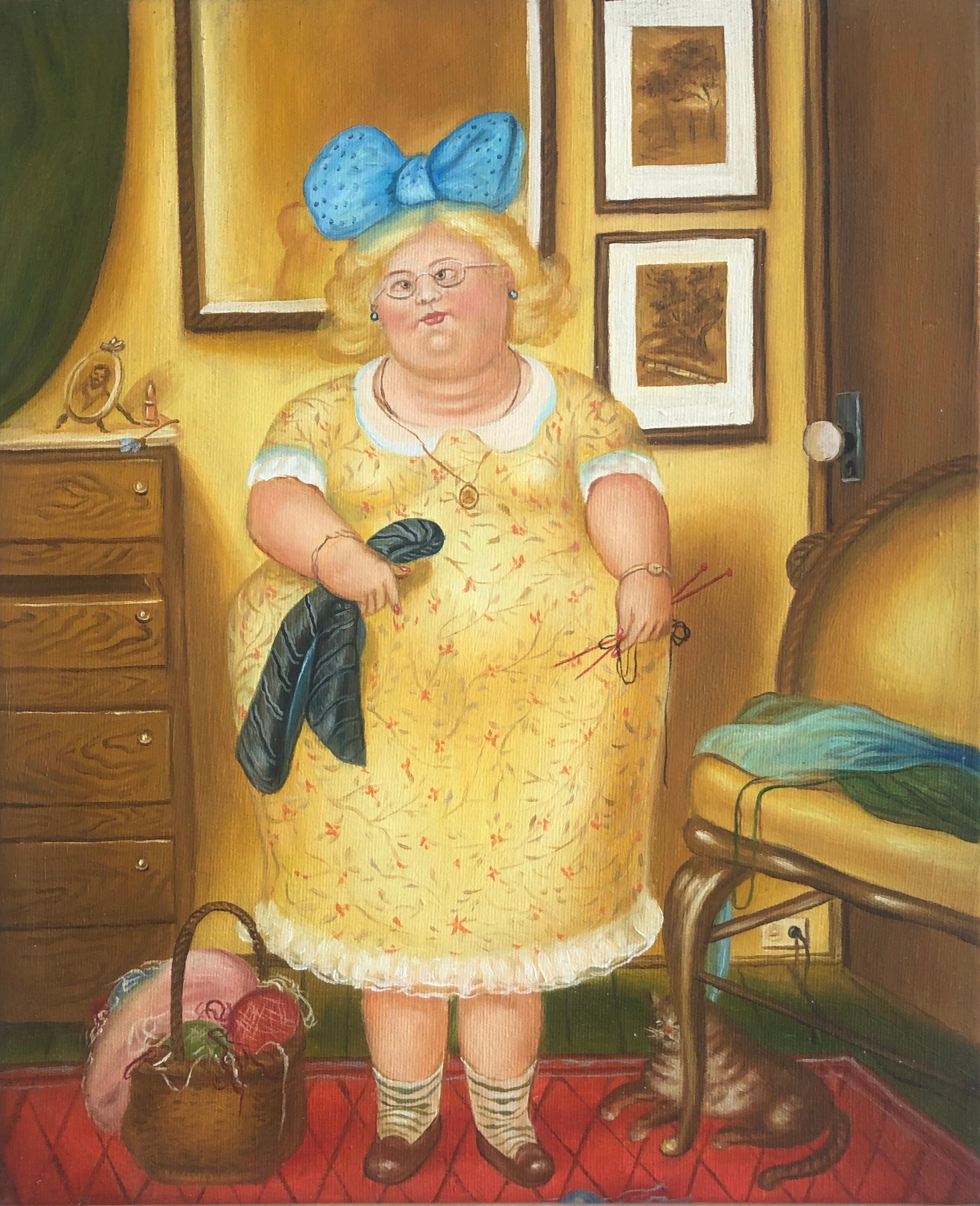Fernando Botero Interior Painting - The Seamstress and Her Cat oil on canvas painting