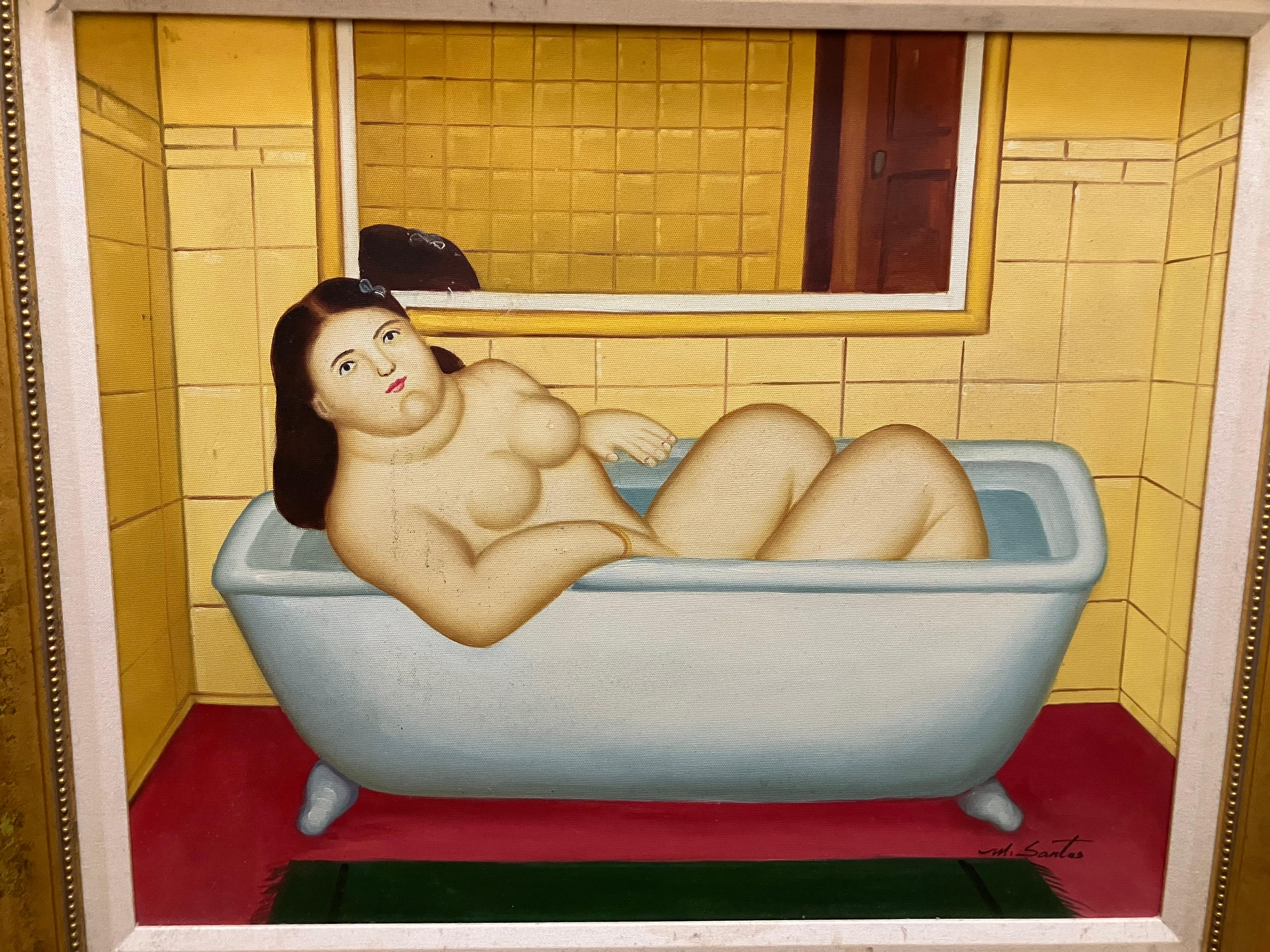 Après Botero Femme dans la baignoire - Marron Figurative Painting par Fernando Botero