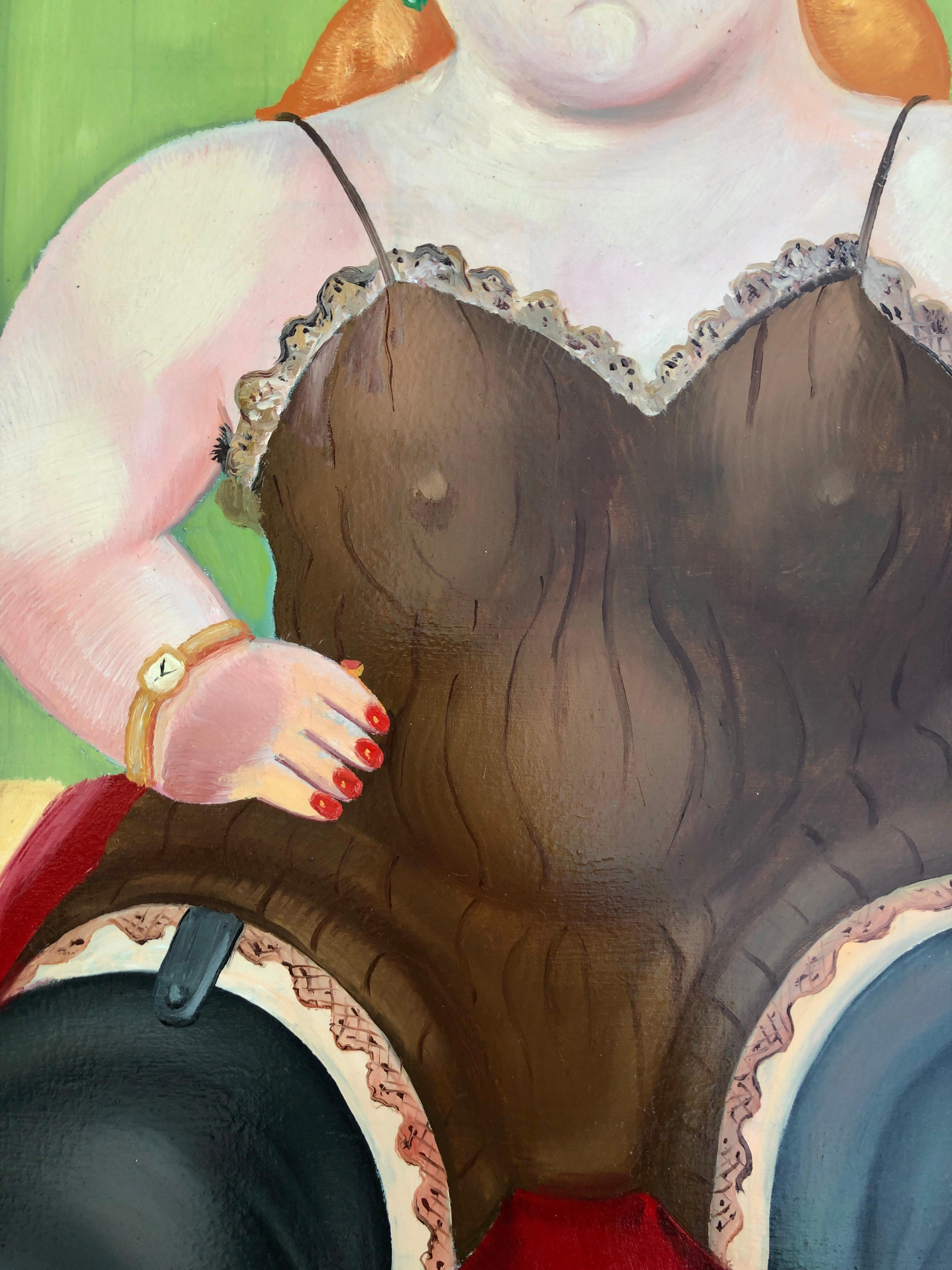 Title: Woman in the Boudoir
Artist: Anonymous
Dimensions: 39.4 x 31.9 in
Technique: Oil on canvas
Support: Unframed canvas
Style: Contemporary figurative art in the style of Fernando Botero
Date: c. 2000

Description
Woman in the Boudoir portrays a