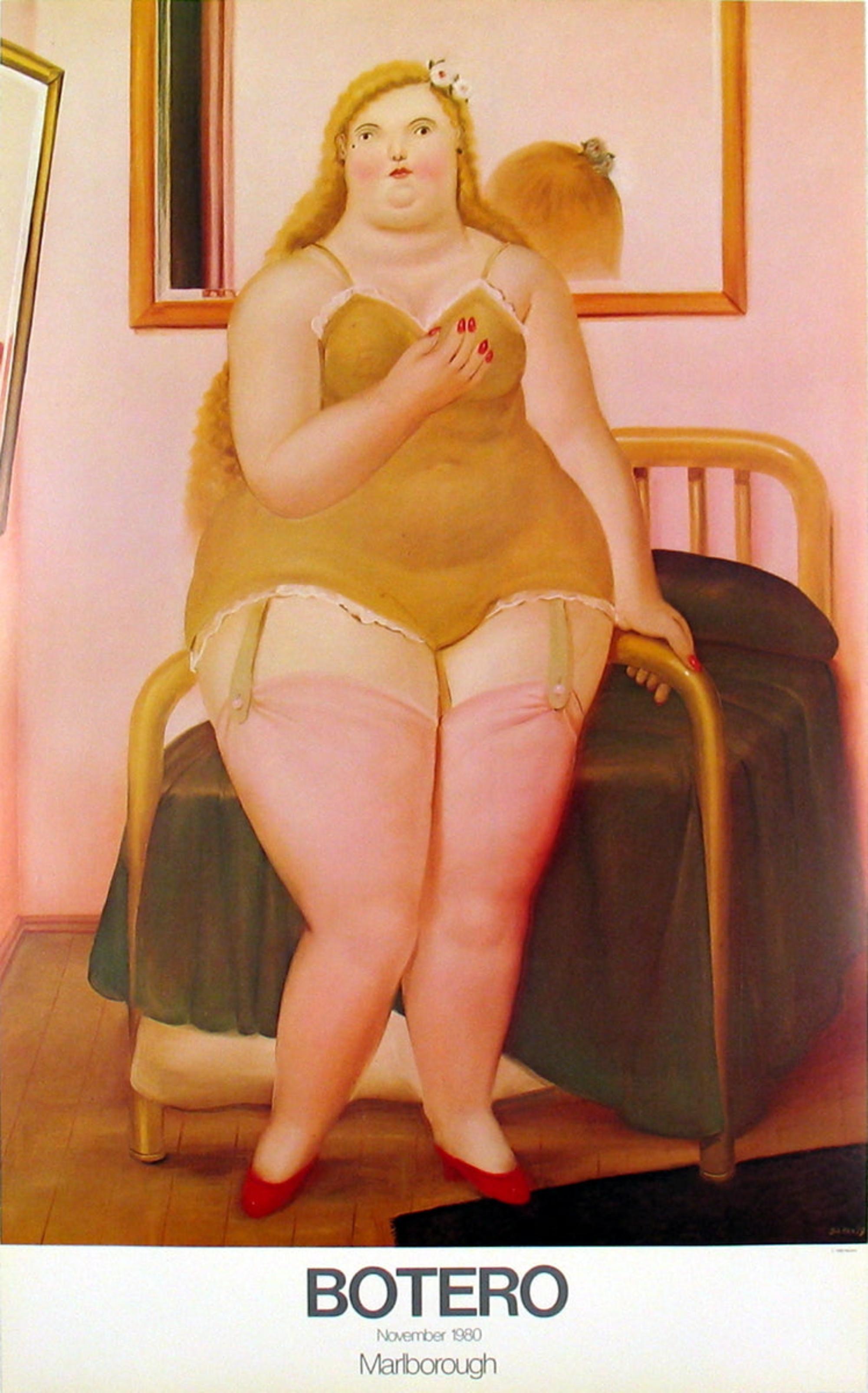 In La Cama, Botero adds a clever twist to Botticelli's The Birth of Venus by reimagining Venus rising not from the sea but from her bed. The contrast between the monumental figure of Venus and the modestly proportioned bed heightens the humor and