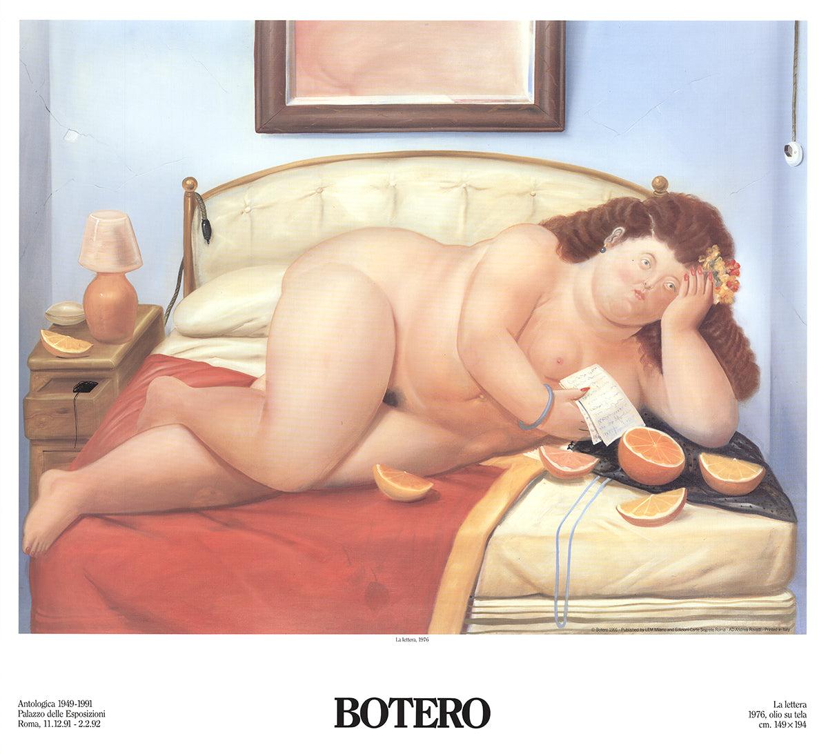 La Lettera es una obra notable de Fernando Botero, de 1976. Esta reproducción capta el estilo distintivo de Botero, caracterizado por su uso de formas exageradas y redondeadas y su exploración de temas relacionados con la vida cotidiana y la
