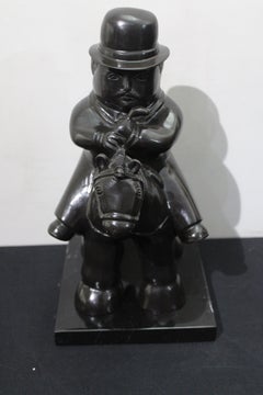 After Botero Black Platina Bronze Sculpture  Man in Horse for Clay