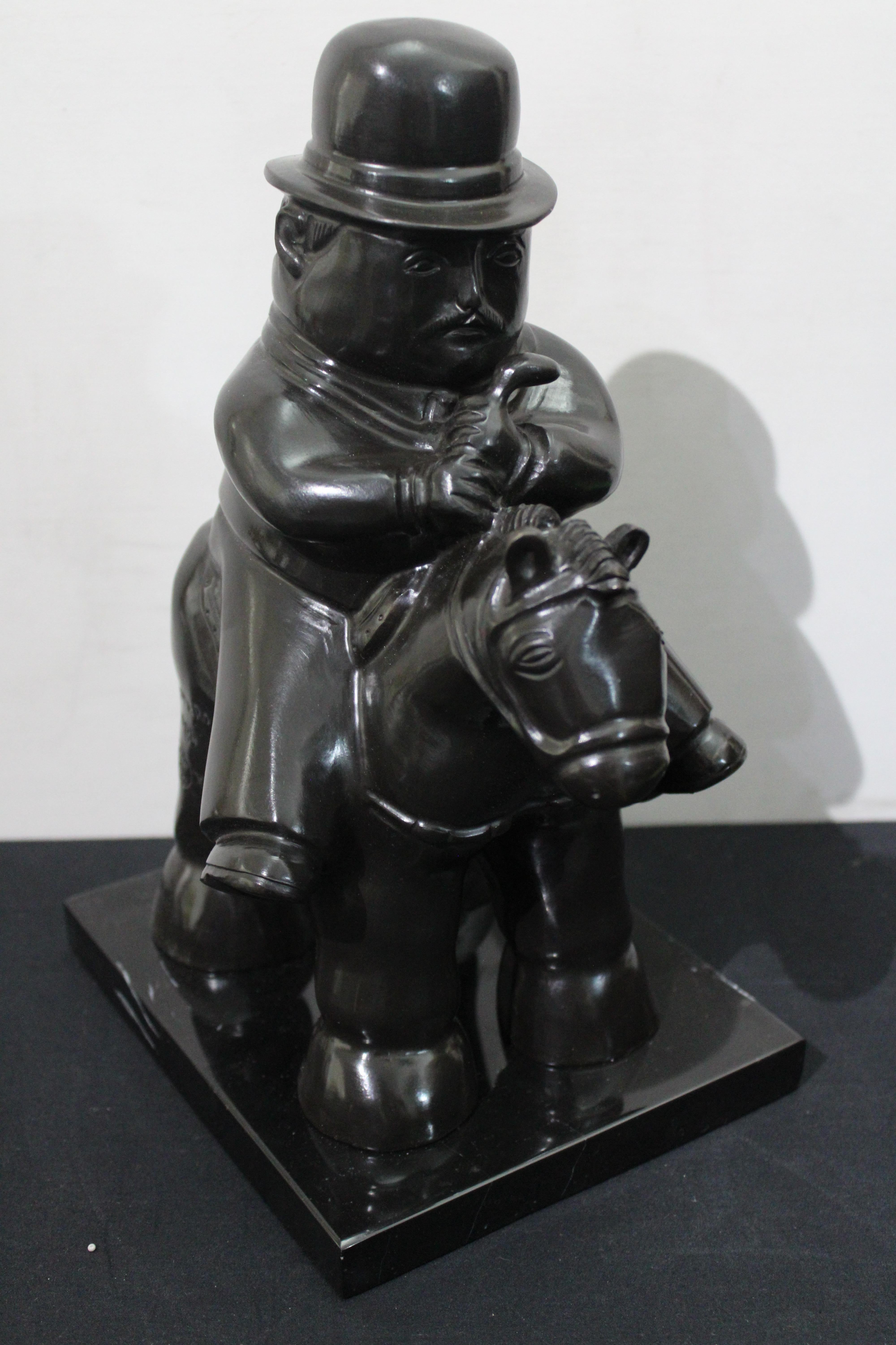 Fernando Botero Still-Life Sculpture - After Botero Black Platina Bronze Sculpture Man in Horse