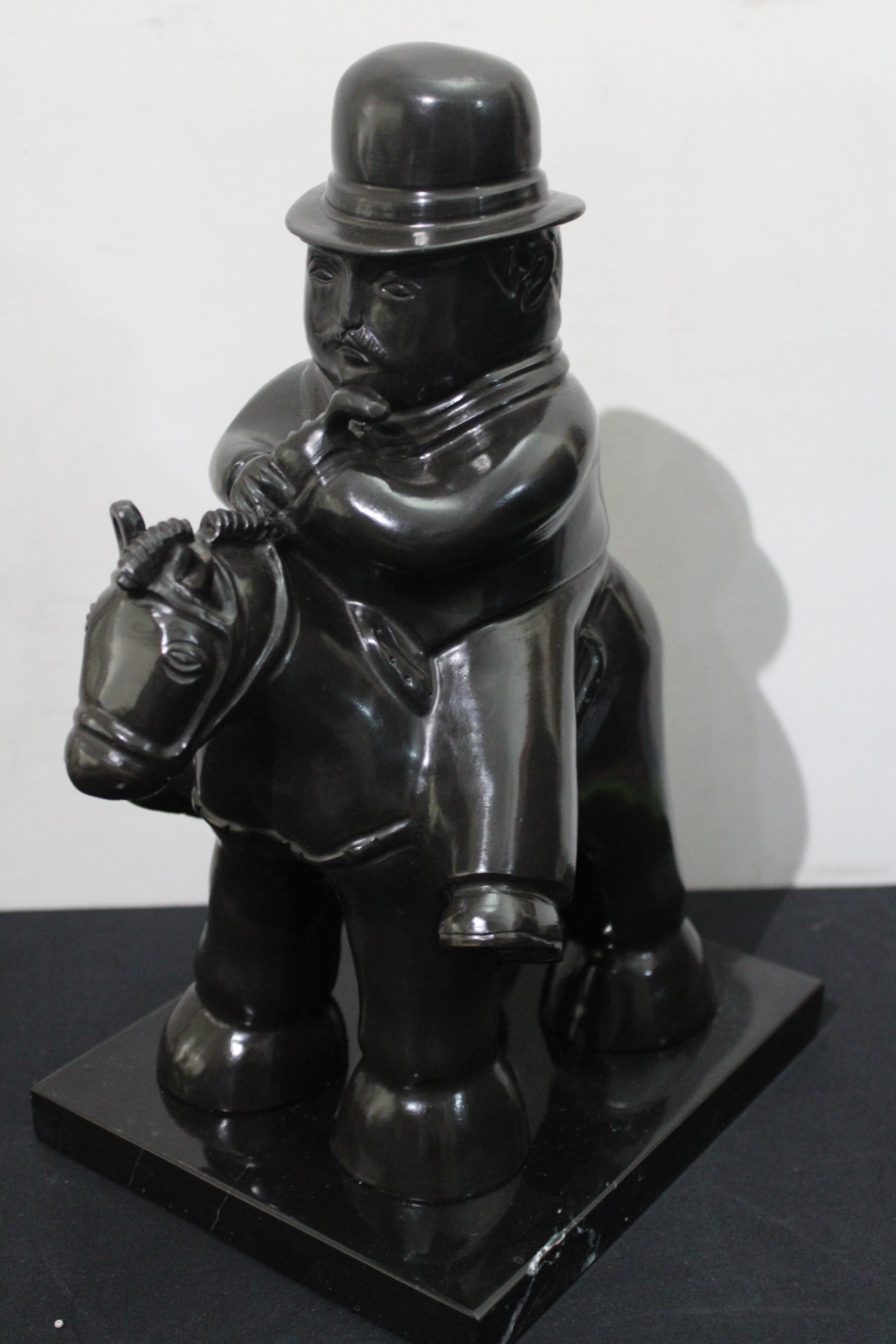 Fernando Botero Still-Life Sculpture - After Botero Black Platina Bronze Sculpture Man on Horse