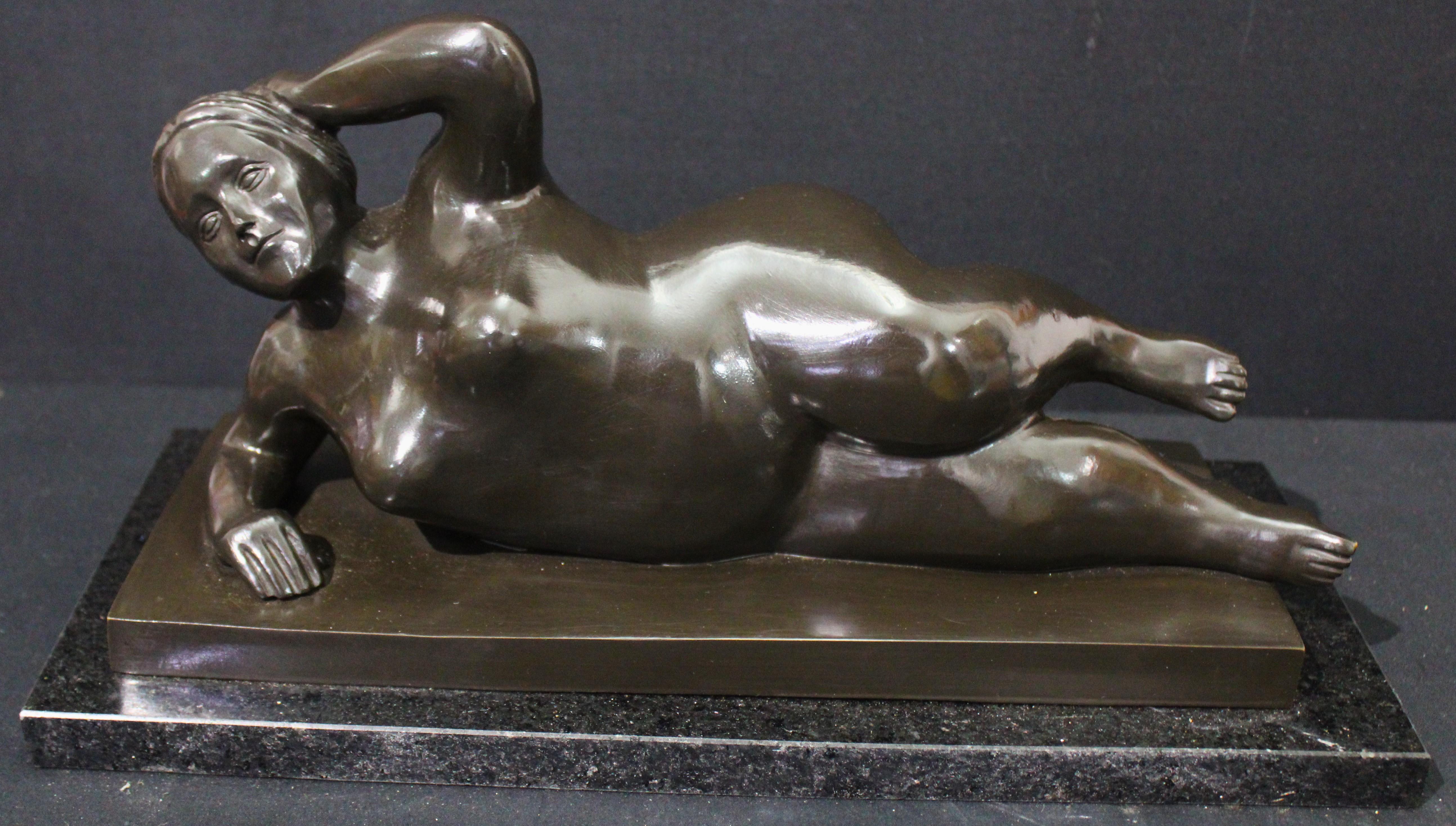 After Botero - Horizontal Nude Woman Bronze Sculpture - Gold Still-Life Sculpture by Fernando Botero