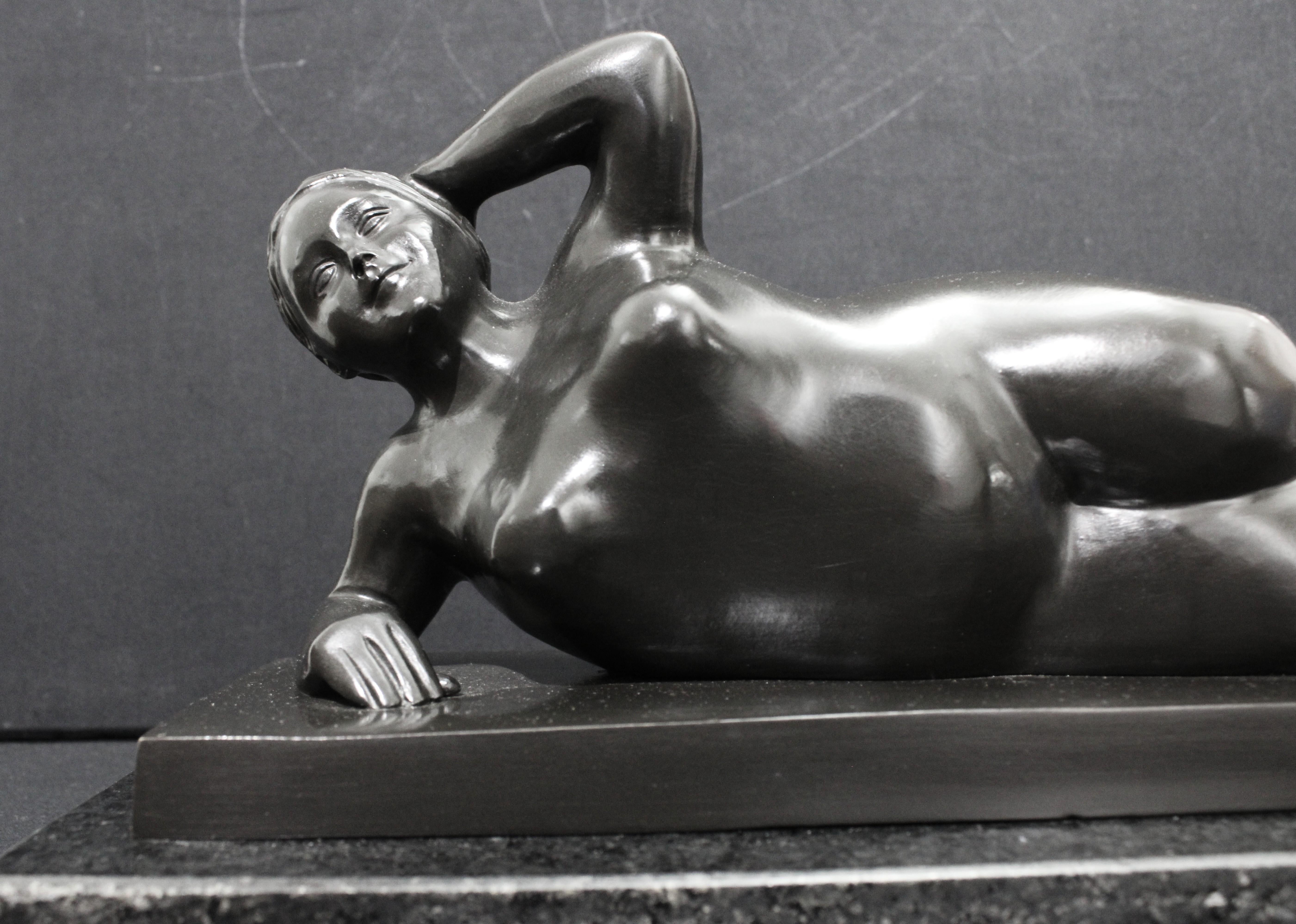 After Botero - Horizontal Nude Woman Bronze Sculpture - Gold Nude Sculpture by Fernando Botero