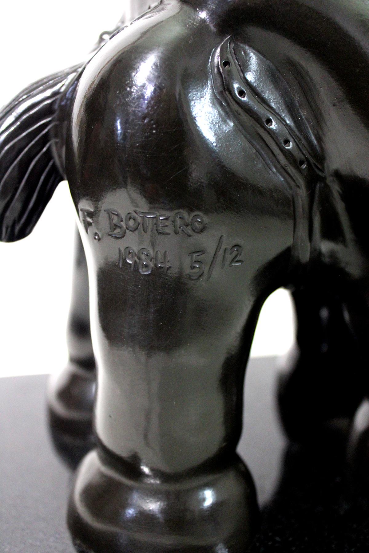 After Fernando Botero
Cast bronze sculpture by Fernando Botero, 1932 to 2023, a Colombian artist whose signature style, also known as Boterismo, depicts people and figures in large, exaggerated volume. The figurine represents a man on horseback.