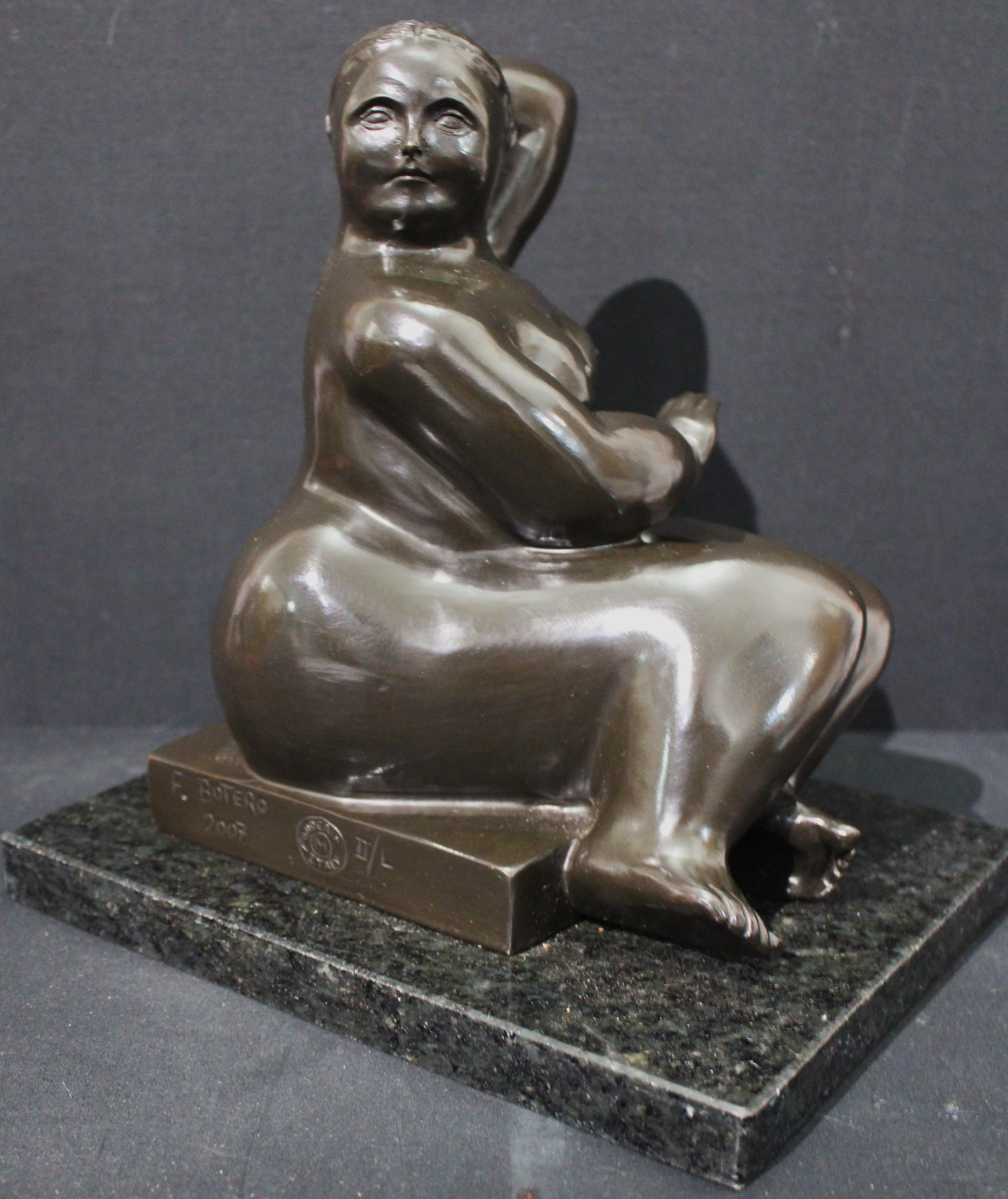 This AFTER BOTERO sculpture is a very beautiful, faithful reproduction in the style of BOTERO'S work that has sold very well here on 1st Dibs. 

The edition is 50 in Roman numerals. 

The  bronze sculpture comes with a very rich dark patina on stone