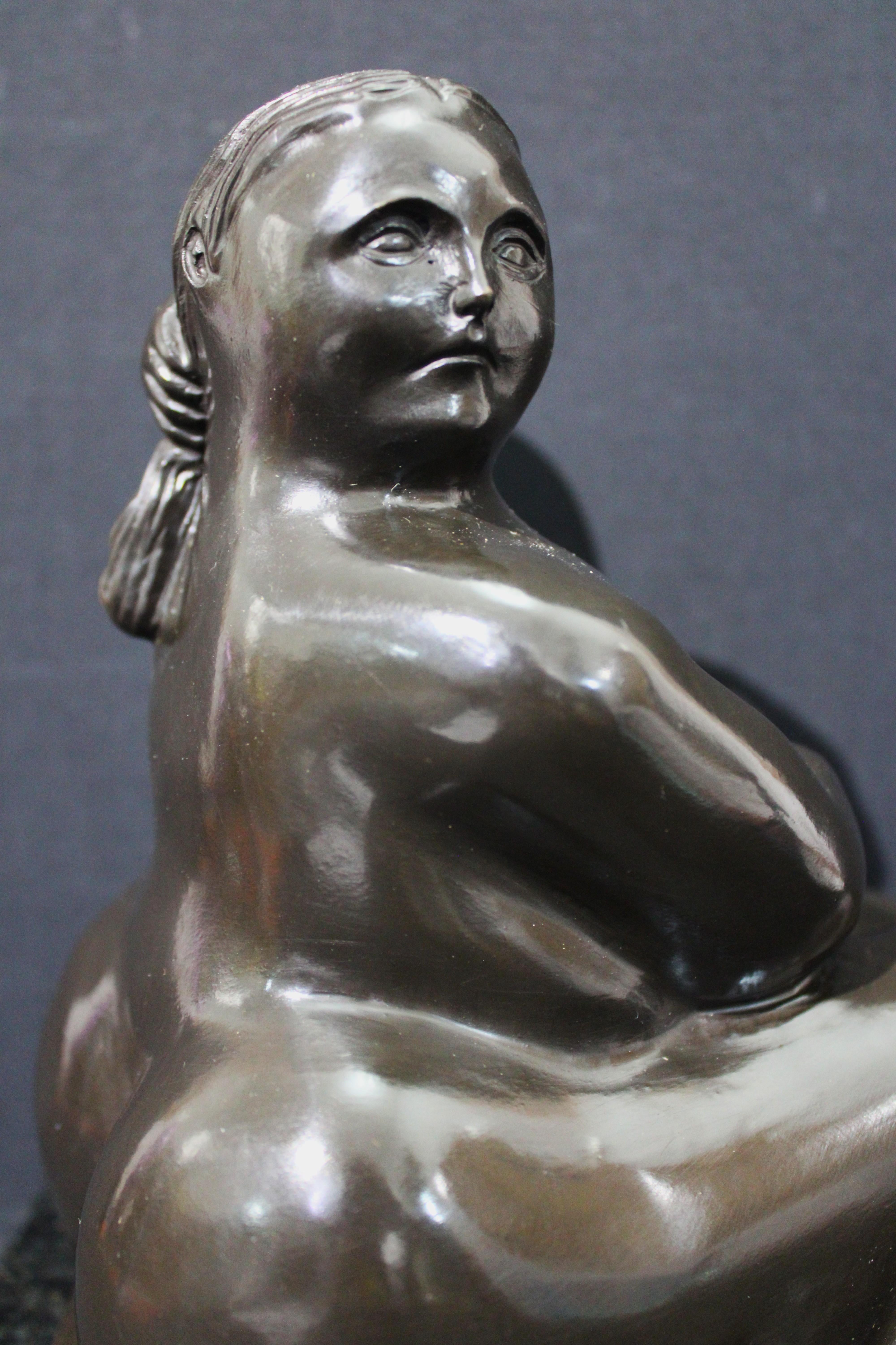 After Botero - Seated Nude Woman Bronze Sculpture