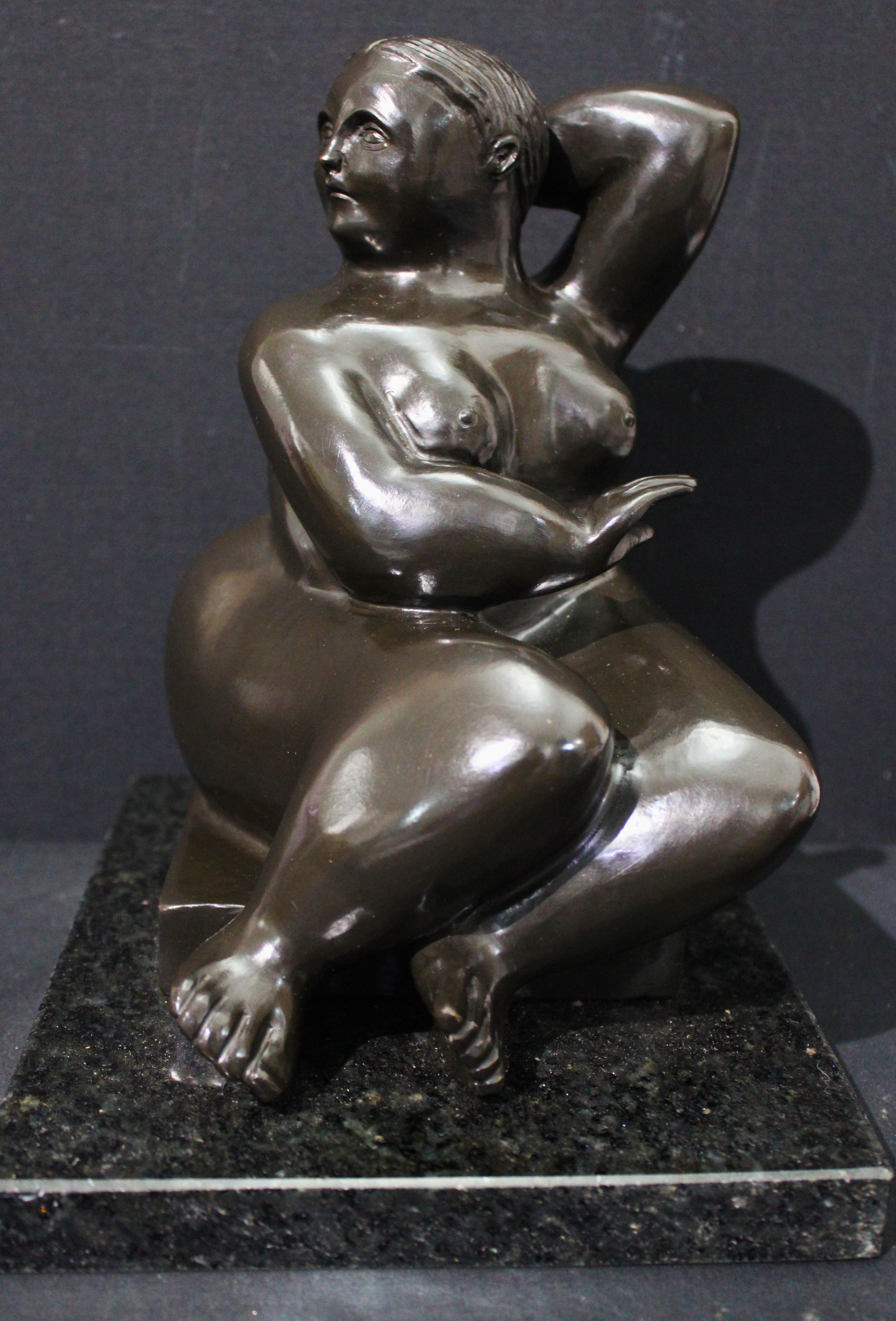 After Botero - Seated Nude Woman Bronze Sculpture