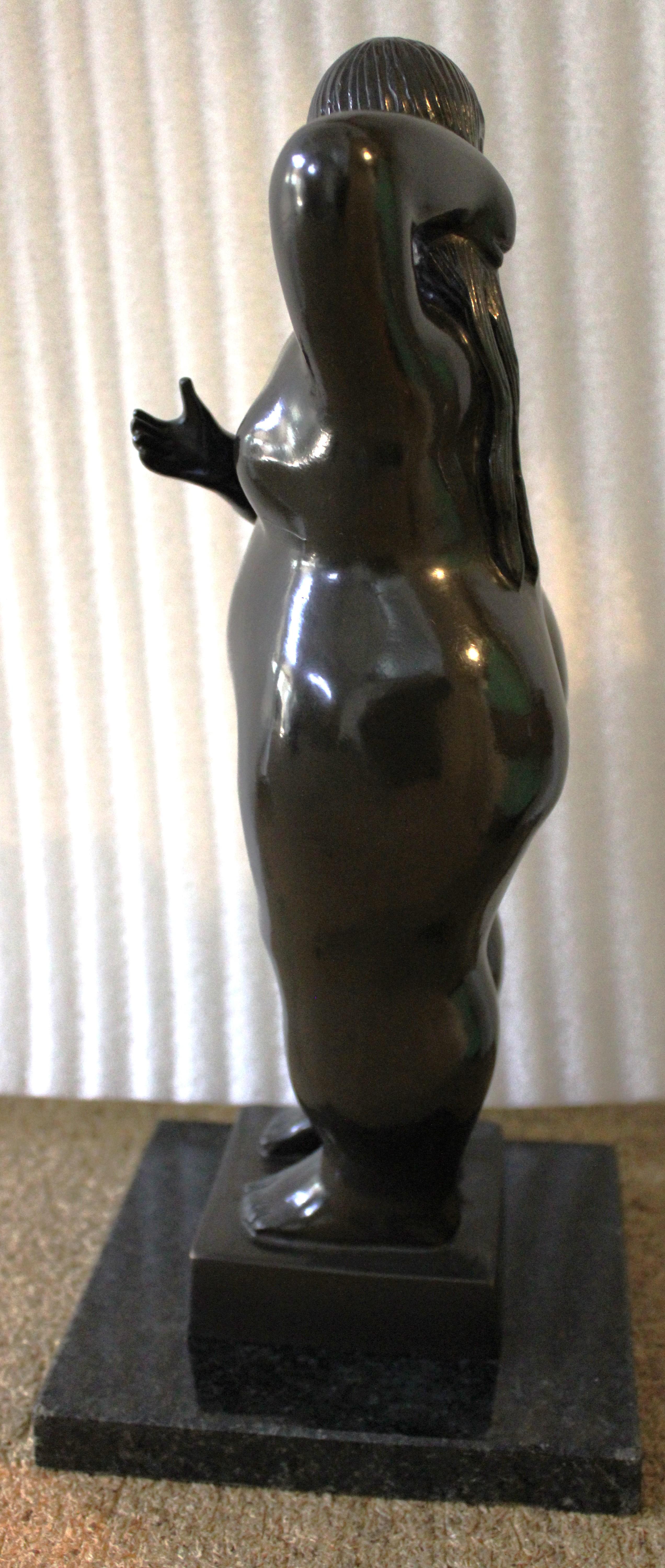 This AFTER BOTERO sculpture is a very beautiful, faithful reproduction in the style of BOTERO'S work that has sold very well here on 1st Dibs. 

The edition is 50 in Roman numerals. 

The  bronze sculpture comes with a very rich dark patina on stone