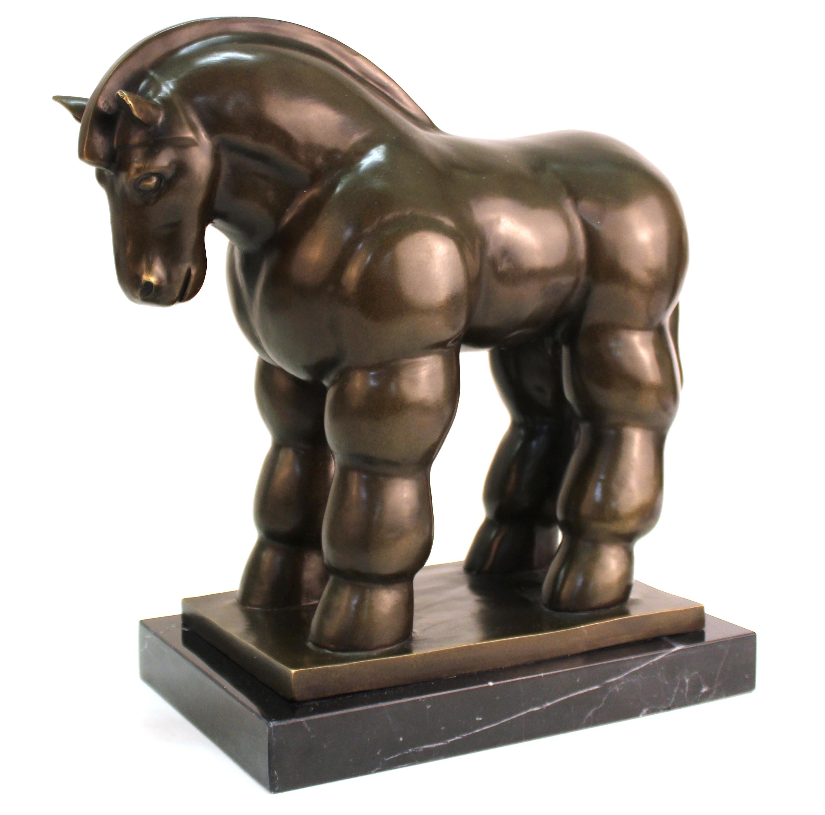 Modern sculpture of a standing horse in cast bronze by Fernando Botero. The piece is mounted on a veined black marble base and is signed 'Botero' on the back side of the bronze base. In great vintage condition with age-appropriate wear and use.