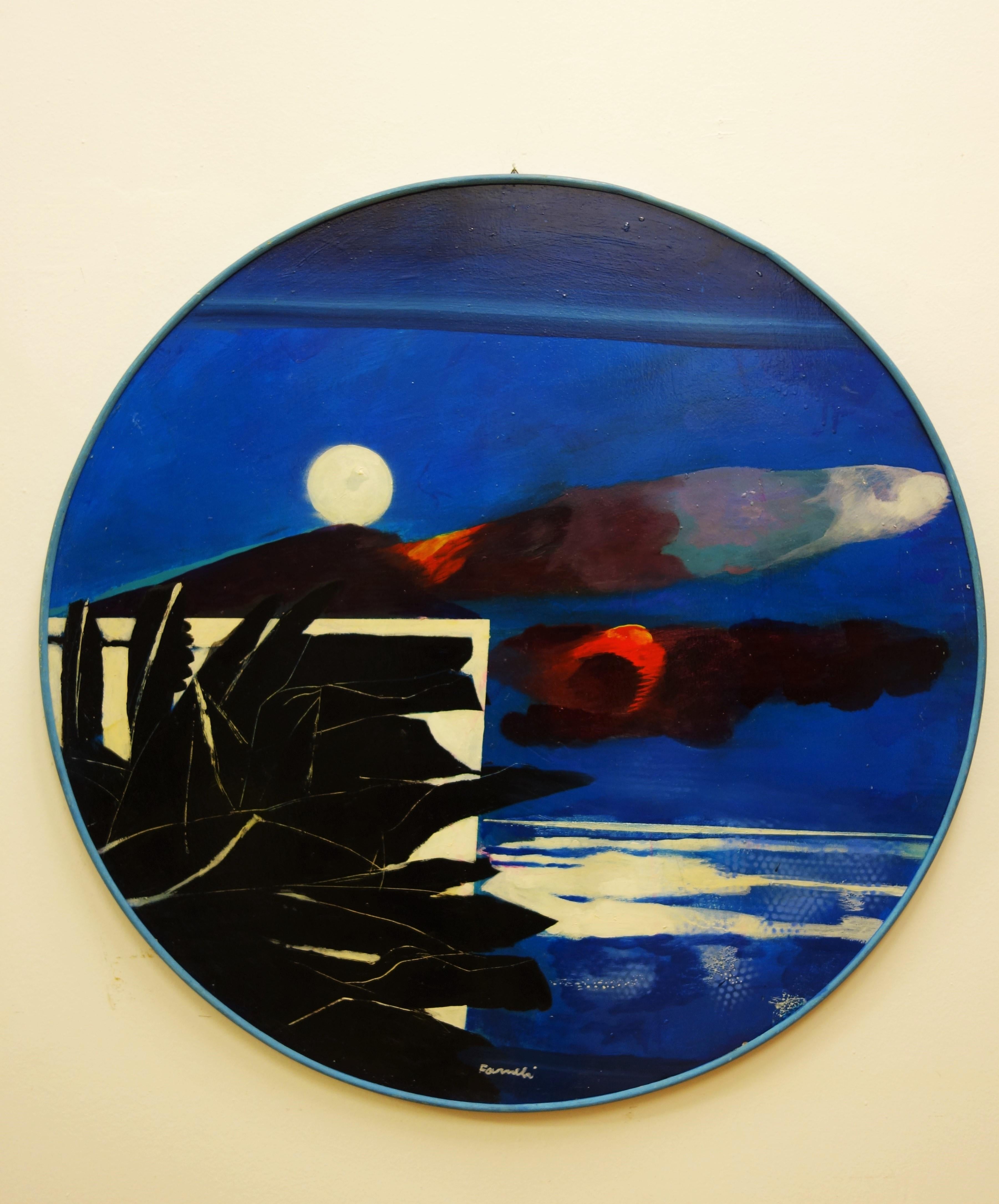 Fernando FARULLI Landscape Painting – "Nachtlandschaft-Toskana"   l   1989  Durchmesser  cm. 100  Blau, Nacht