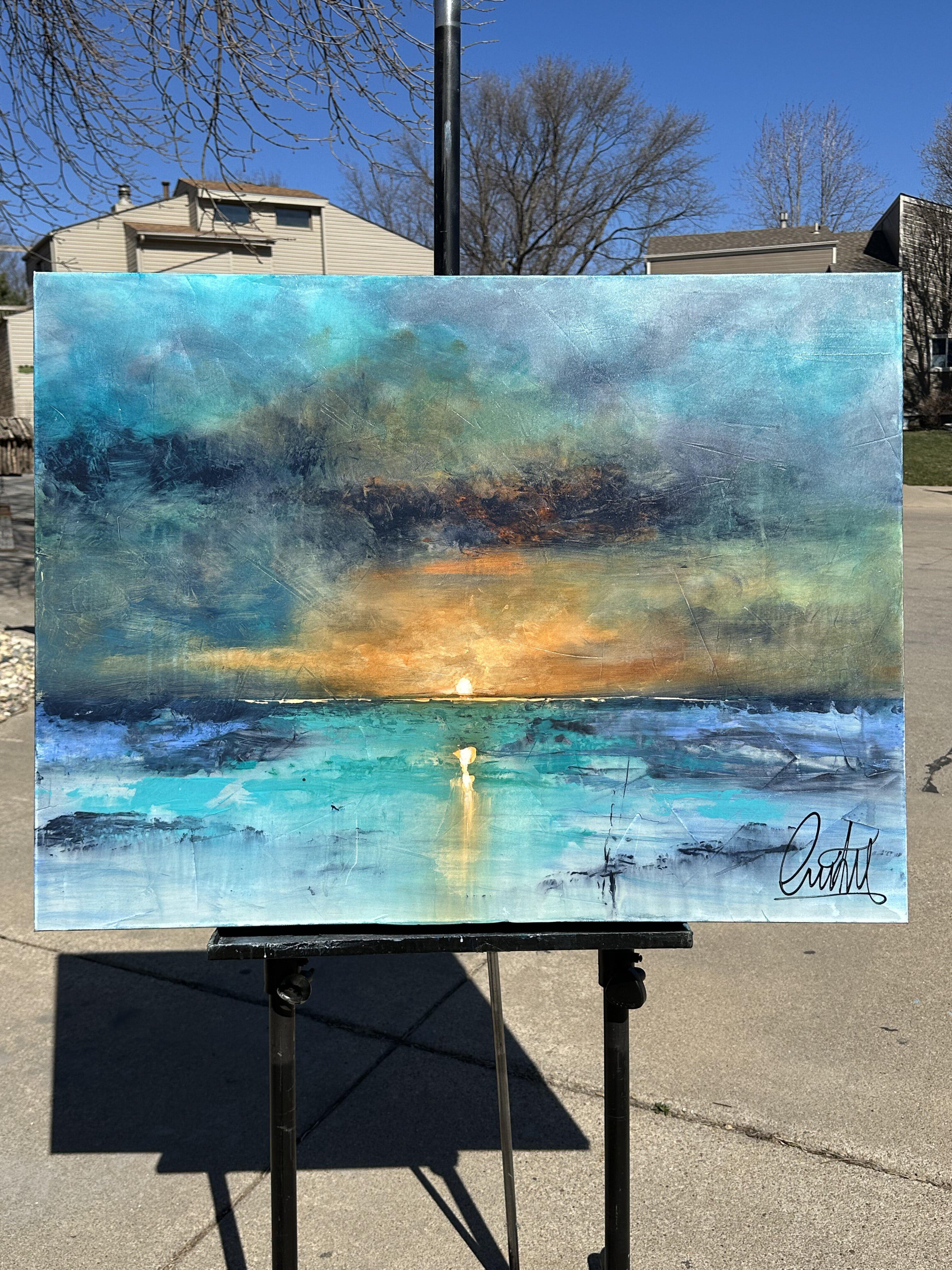 <p>Artist Comments<br>Artist Fernando Garcia presents the sun descending the horizon in an abstract seascape. Warm rays of light beautifully reflect on the ocean's surface. 