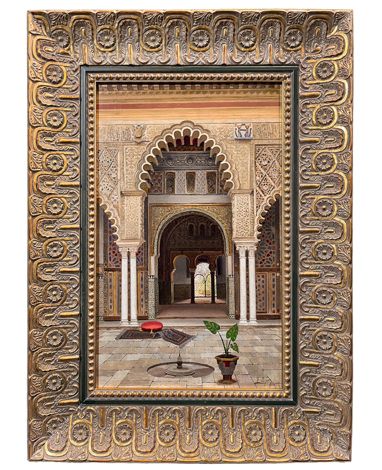 An interior depiction of the patio de las Doncellas Reales Alcazares de Sevilla, the oldest royal European palace still in use today in Seville, Spain. A beautiful Orientalist rendition of this grandiose space, the viewer peers through an archway