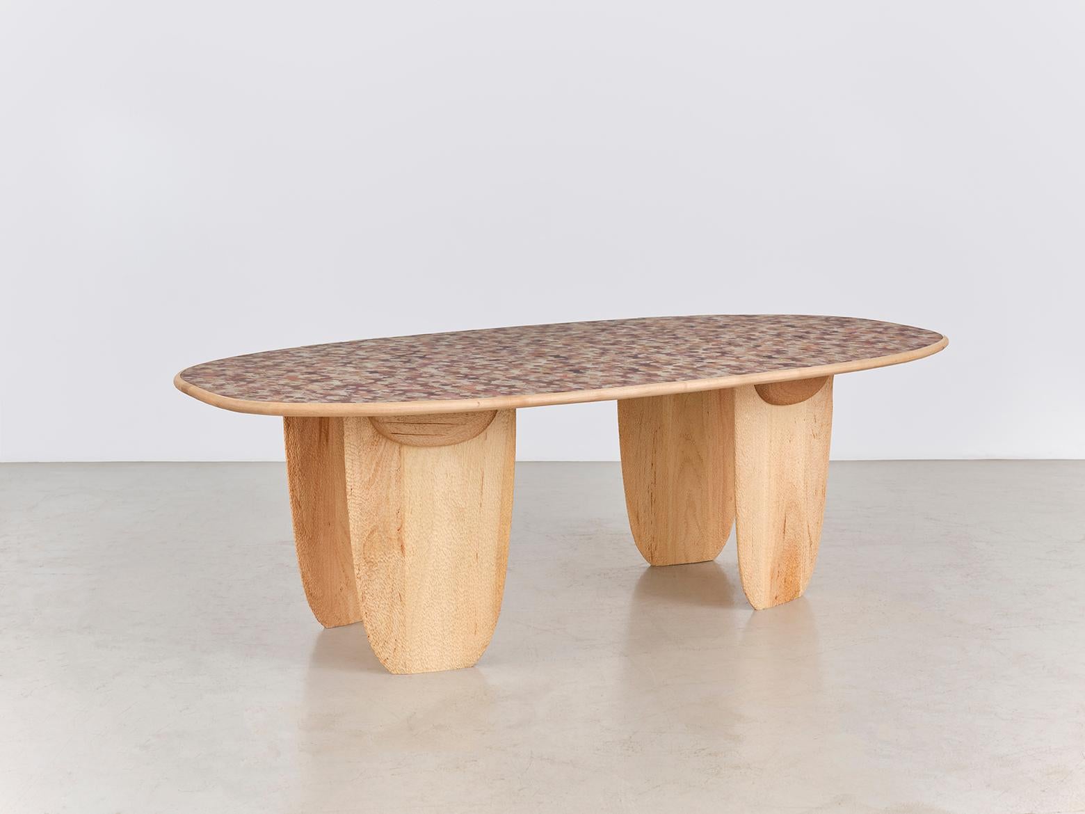 Fernando Laposse [Mexican, b. 1988]
Totomoxtle Snake Dining Table
2021
Heirloom corn husk marquetry on maple, eco resin
29.5 x 85.5 x 45.25
75 x 217 x 115 cm