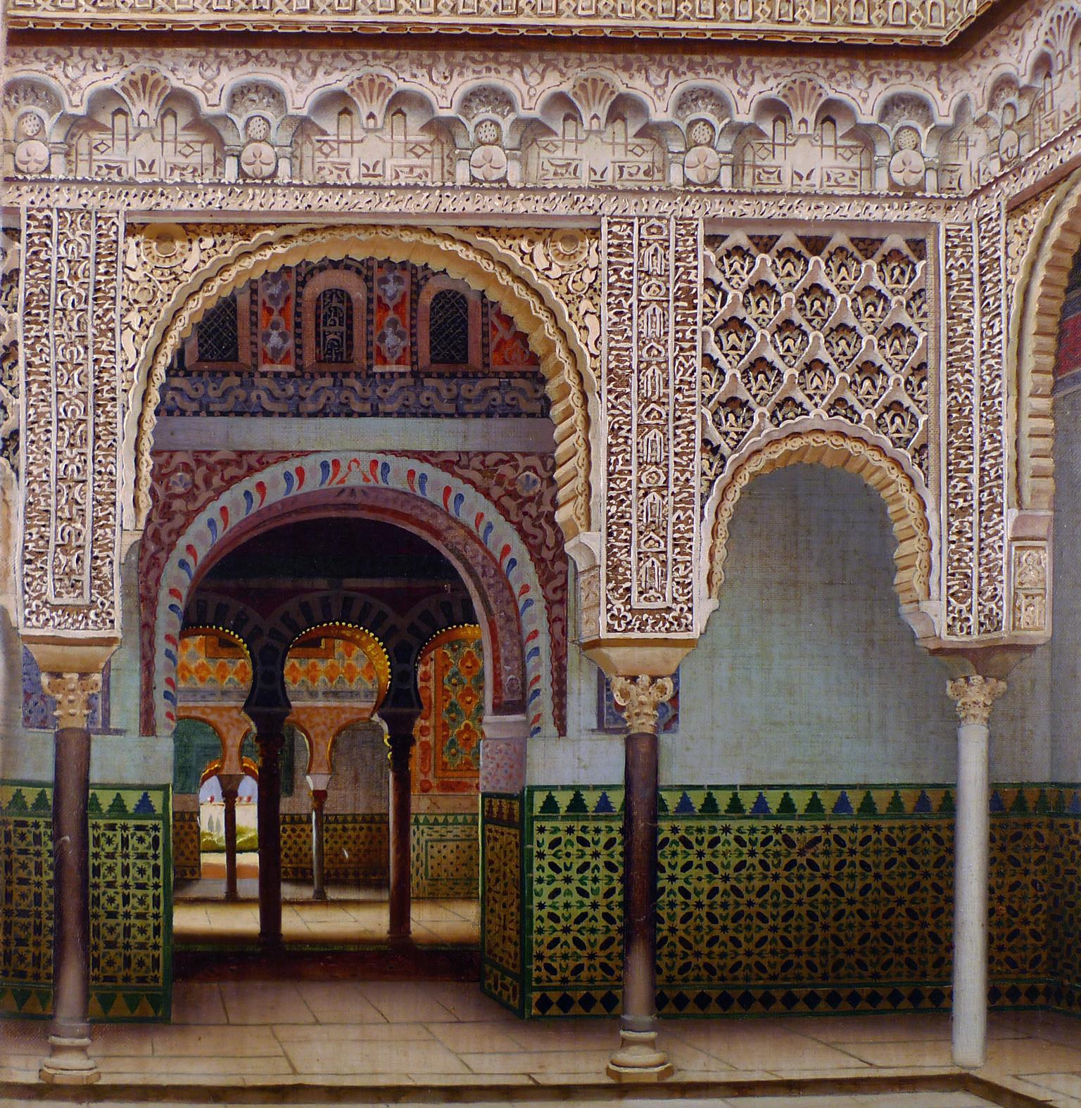 « Intérieur de Alcazar of Seville », huile sur toile du début du 20e siècle par F. Liger - Painting de Fernando Liger Hidalgo