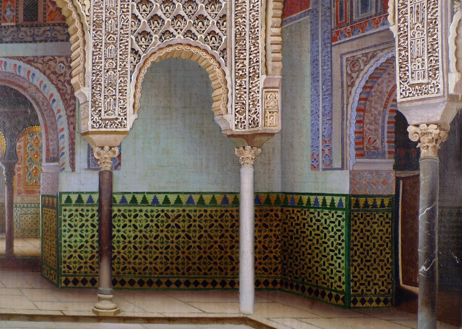 „ „Interior of Alcazar of Seville“, Öl auf Leinwand, frühes 20. Jahrhundert, von F. Liger (Grau), Figurative Painting, von Fernando Liger Hidalgo