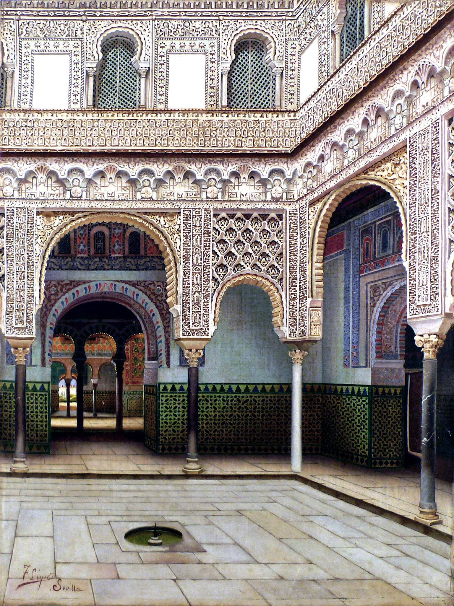 "Interior of Alcazar of Seville", Early 20th Century oil on canvas by F. Liger