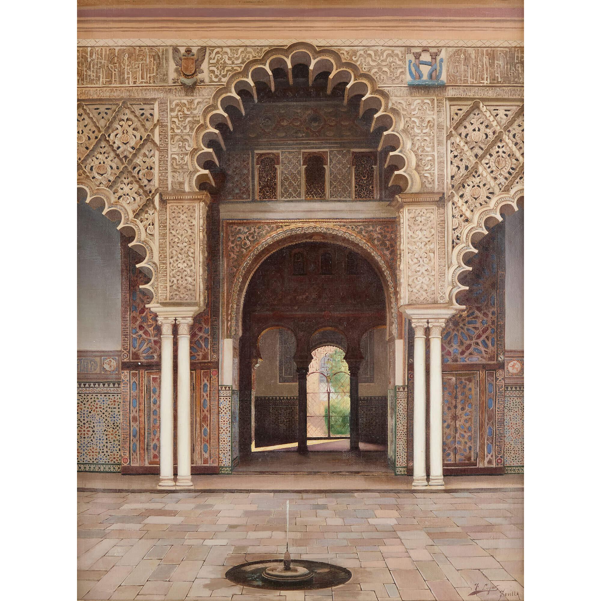 Très grande peinture à l'huile orientale espagnole ancienne de l'Alcazar de Séville Hidalgo - Painting de Fernando Liger Hidalgo