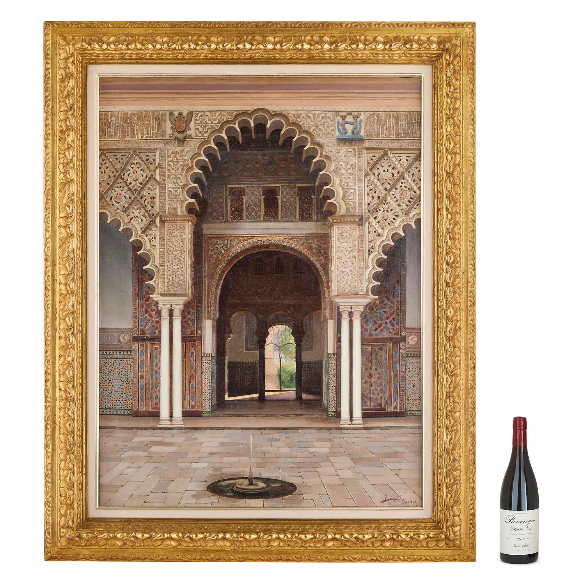 Très grande peinture à l'huile orientale espagnole ancienne de l'Alcazar de Séville Hidalgo
Espagnol, Fin du 19e siècle 
Toile : Hauteur 91 cm, largeur 68 cm
Cadre : 112cm, largeur 89.5, profondeur 6cm

Cette captivante peinture à l'huile de