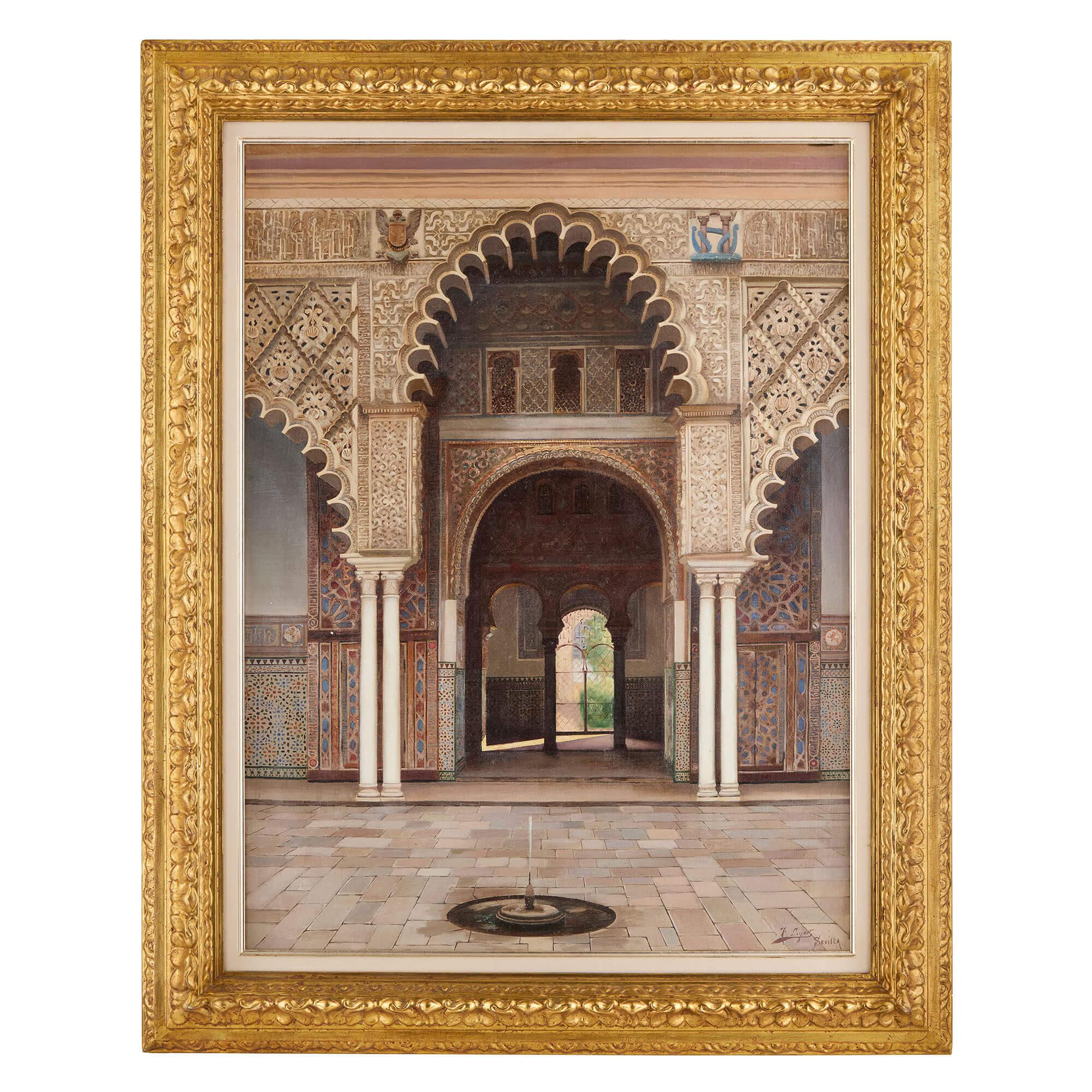 Interior Painting Fernando Liger Hidalgo - Très grande peinture à l'huile orientale espagnole ancienne de l'Alcazar de Séville Hidalgo