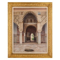 Très grande peinture à l'huile orientale espagnole ancienne de l'Alcazar de Séville Hidalgo