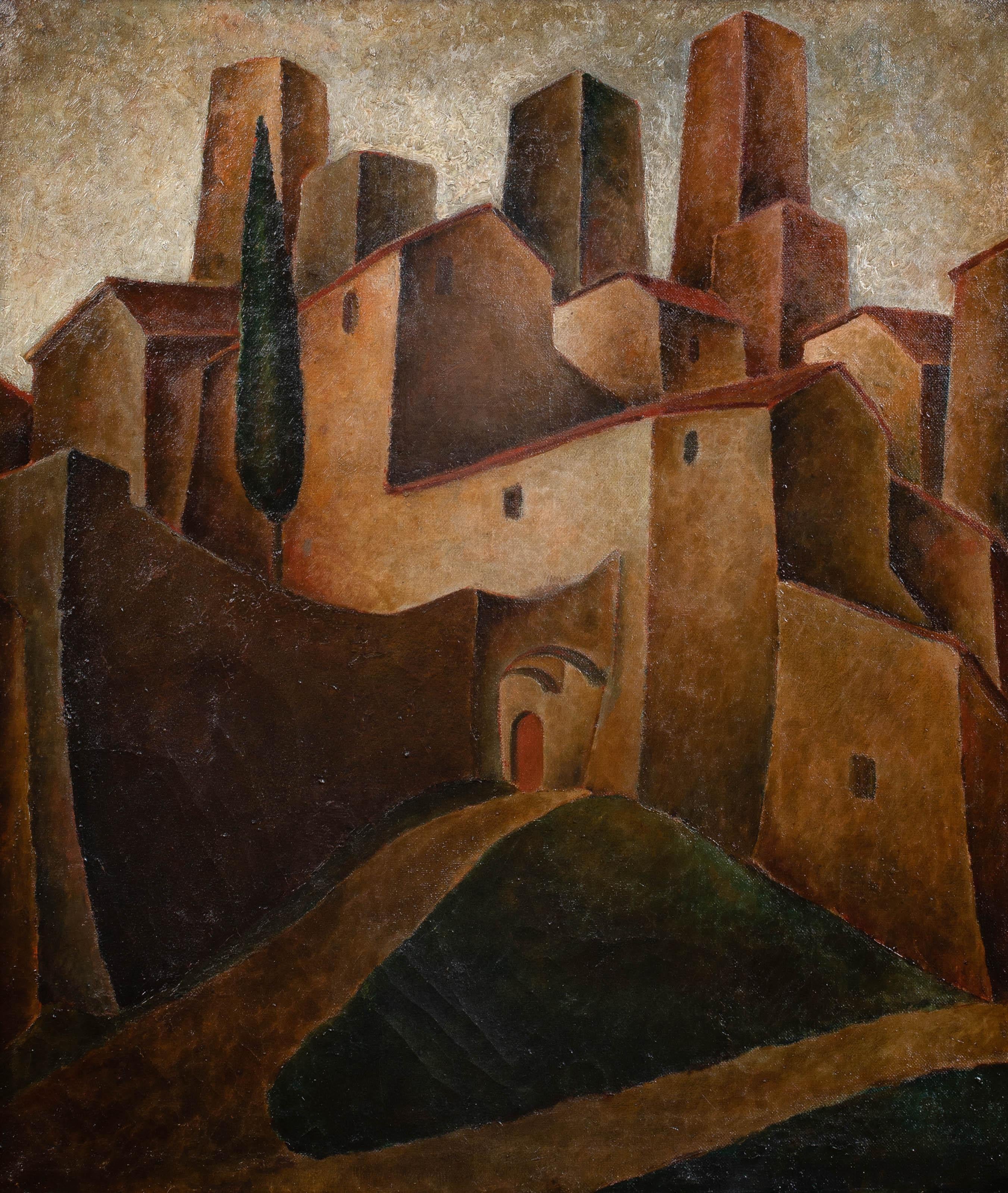 San Gimignano Italia, hacia 1930 - Landscape Painting Marrón de Fernando Manetti