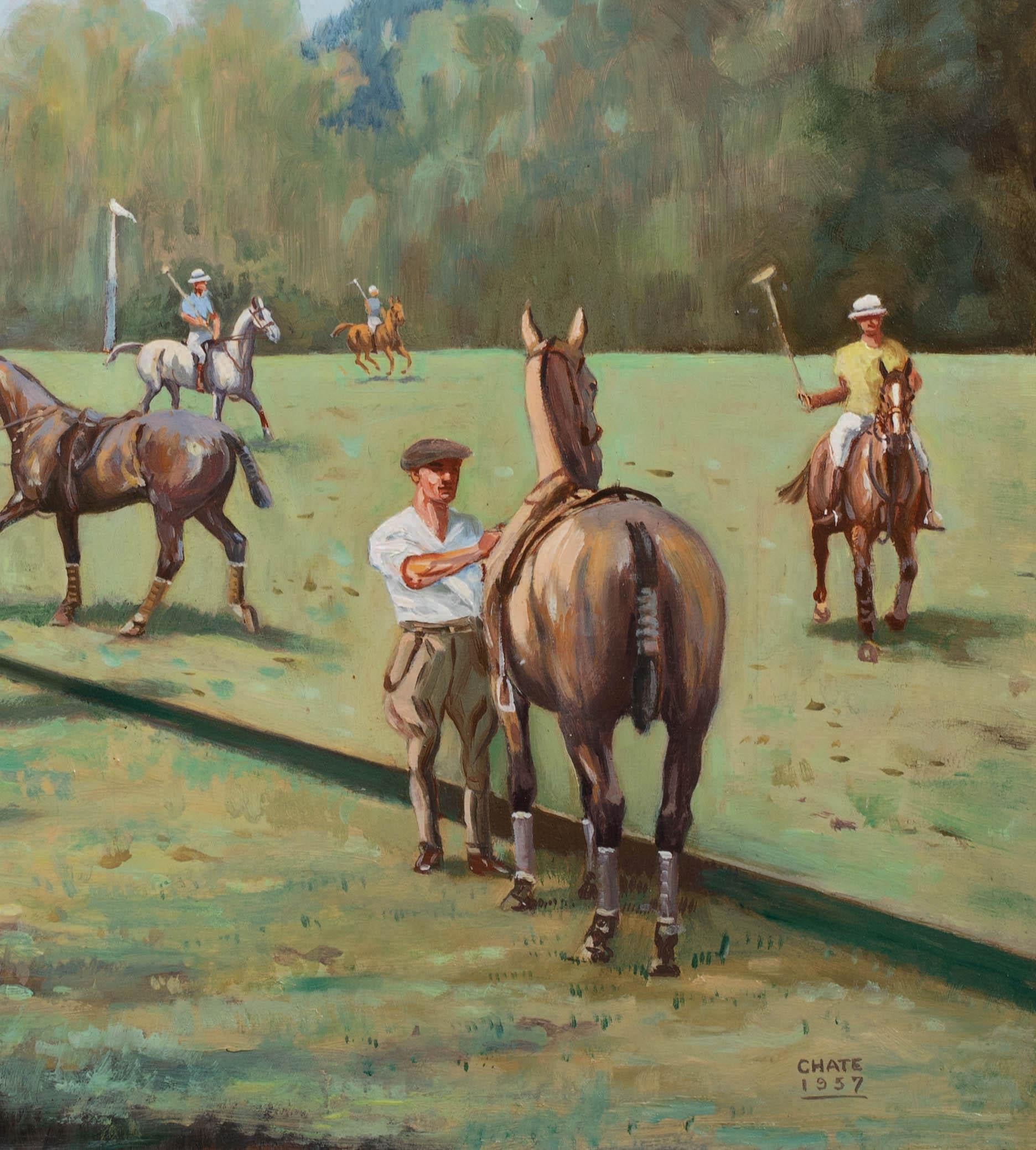 The Polo Match, date 1957

signed Chate

Large 1957 English view of polo match, oil on board signed Chate. Good quality and condition rare early study of the sport. Framed, dated and signed.

Measurements: 25