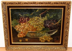 Grapes Still Life Oil Painting on Canvas, Framed, Signed, Early 20th Century