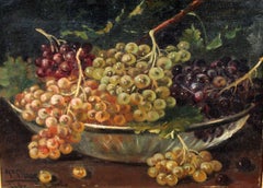 Grapes Still Life Oil Painting on Canvas, Framed, Signed, Early 20th Century