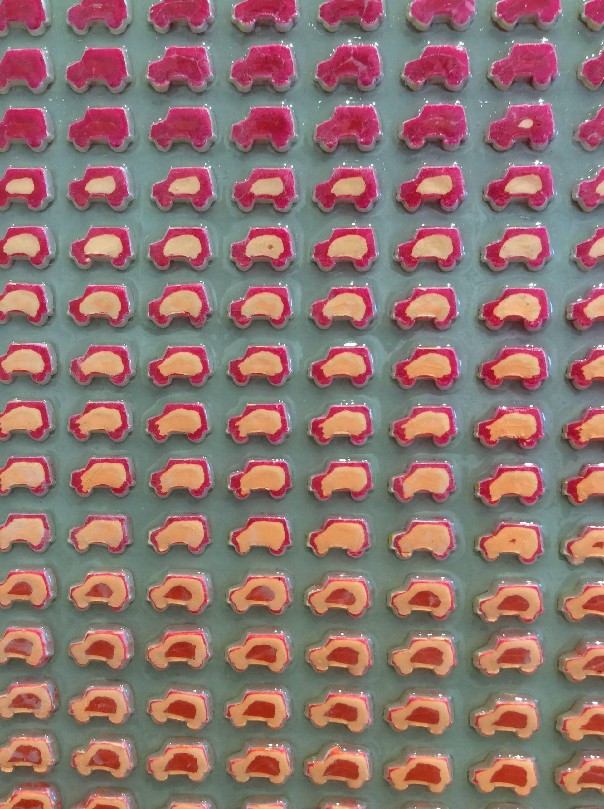 Carbon Sunrise (Modern Pink & Orange Miniature Play-Doh Automobile Grid) - Sculpture by Fernando Orellana