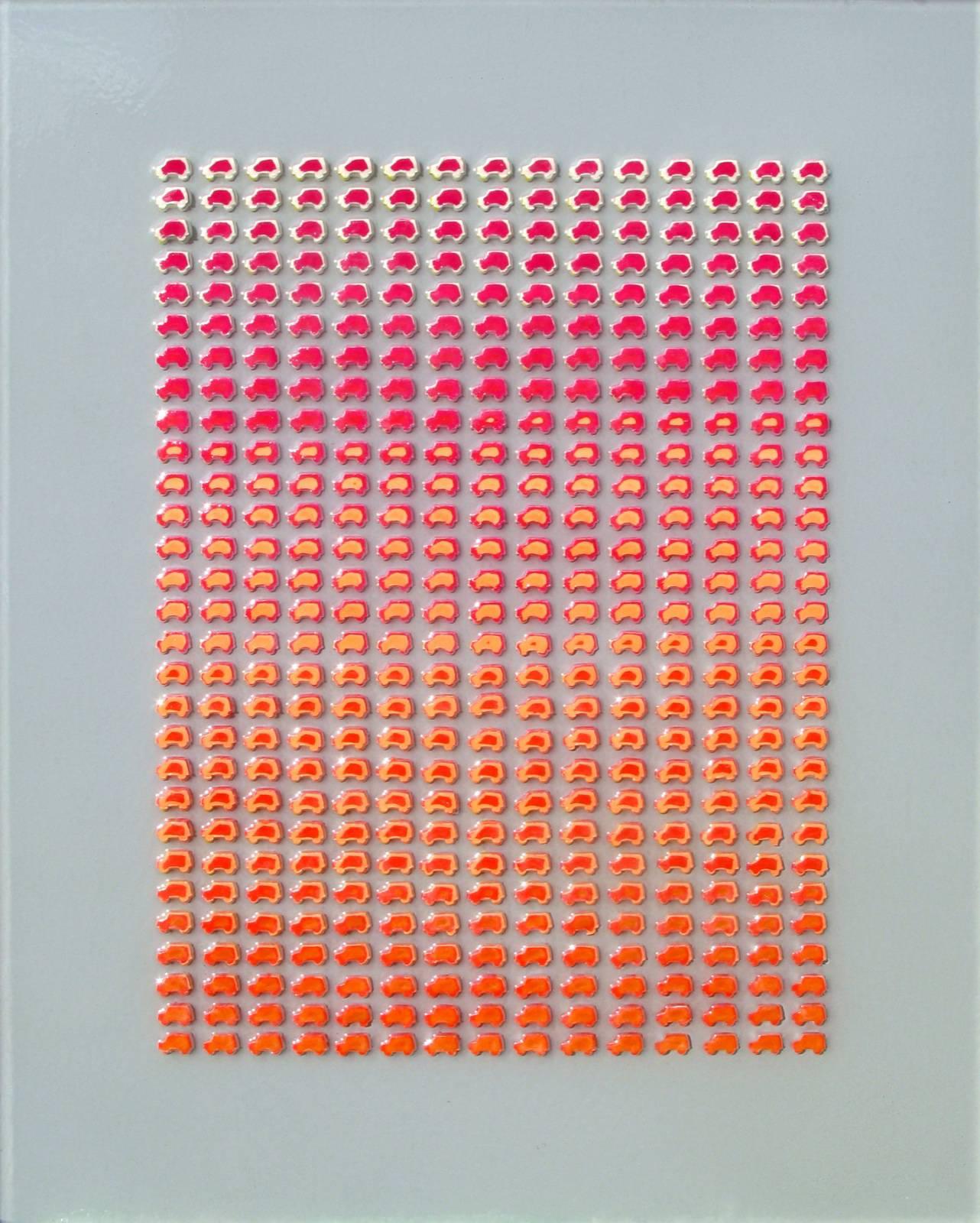 Fernando Orellana Abstract Sculpture - Carbon Sunrise (Modern Pink & Orange Miniature Play-Doh Automobile Grid)