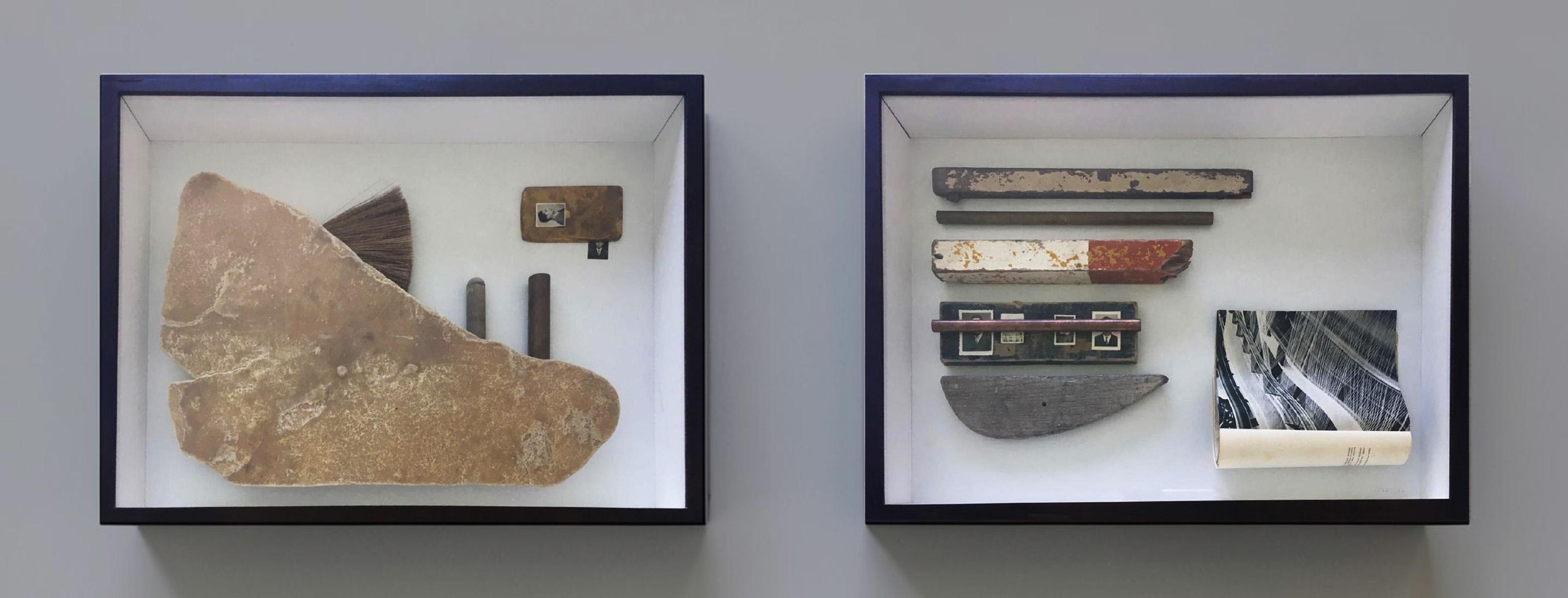 Fernando Otero Abstract Sculpture - Territorios and Erosiones VII,  Found objects in wood box wall sculpture