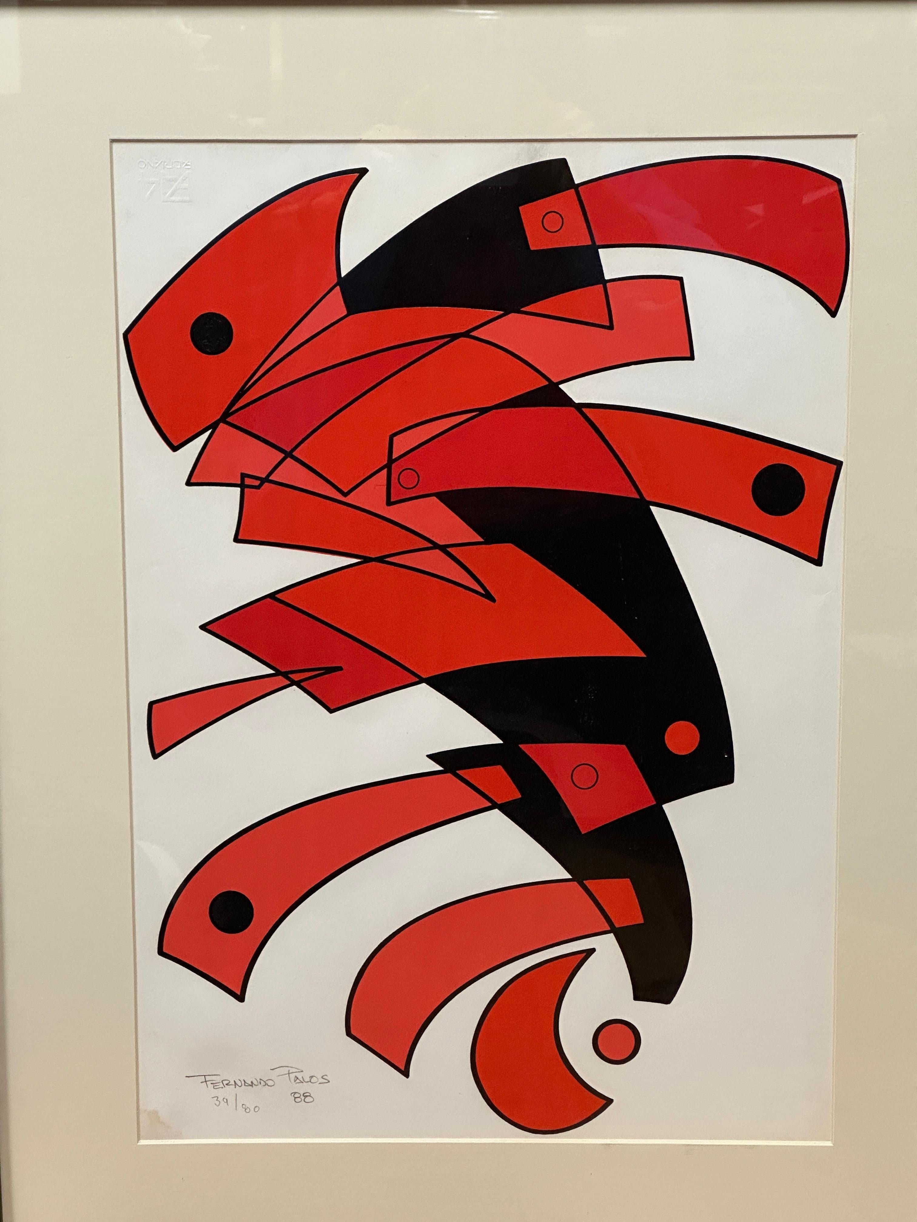 Artist Fernando Palos employs a straightforward interplay of shapes and colors in this lithograph. A first impression leads us to assemble geometric figures, initiating the idea of movement. This movement transforms into a possible creature. The