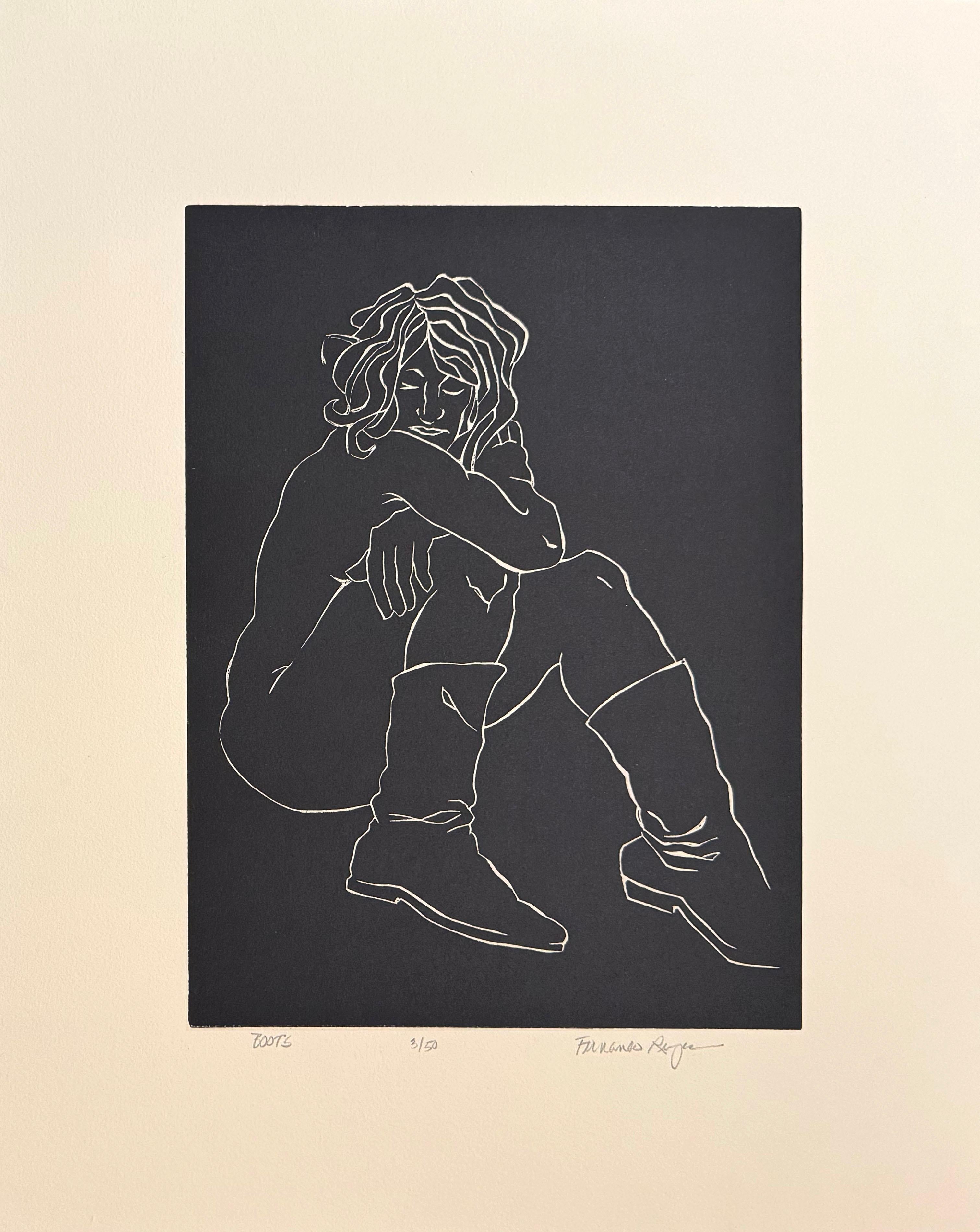 Bottes, linogravure de nus féminins de Fernando Reyes en vente 1