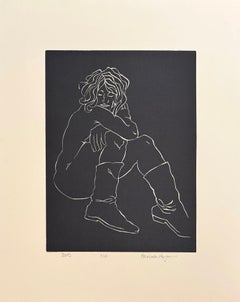 Stivali, nudo femminile, linoleografia di Fernando Reyes