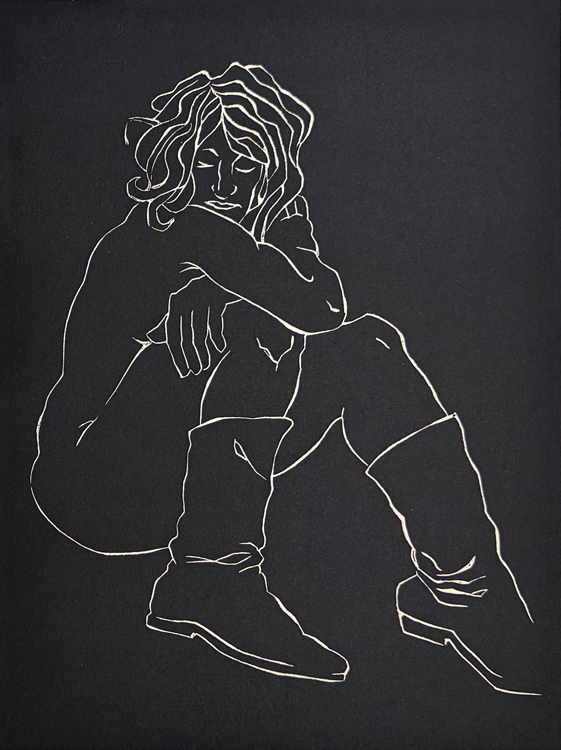 Stivali, nudo femminile, linoleografia di Fernando Reyes
