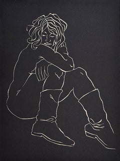 Boots, female nude linocut by Fernando Reyes