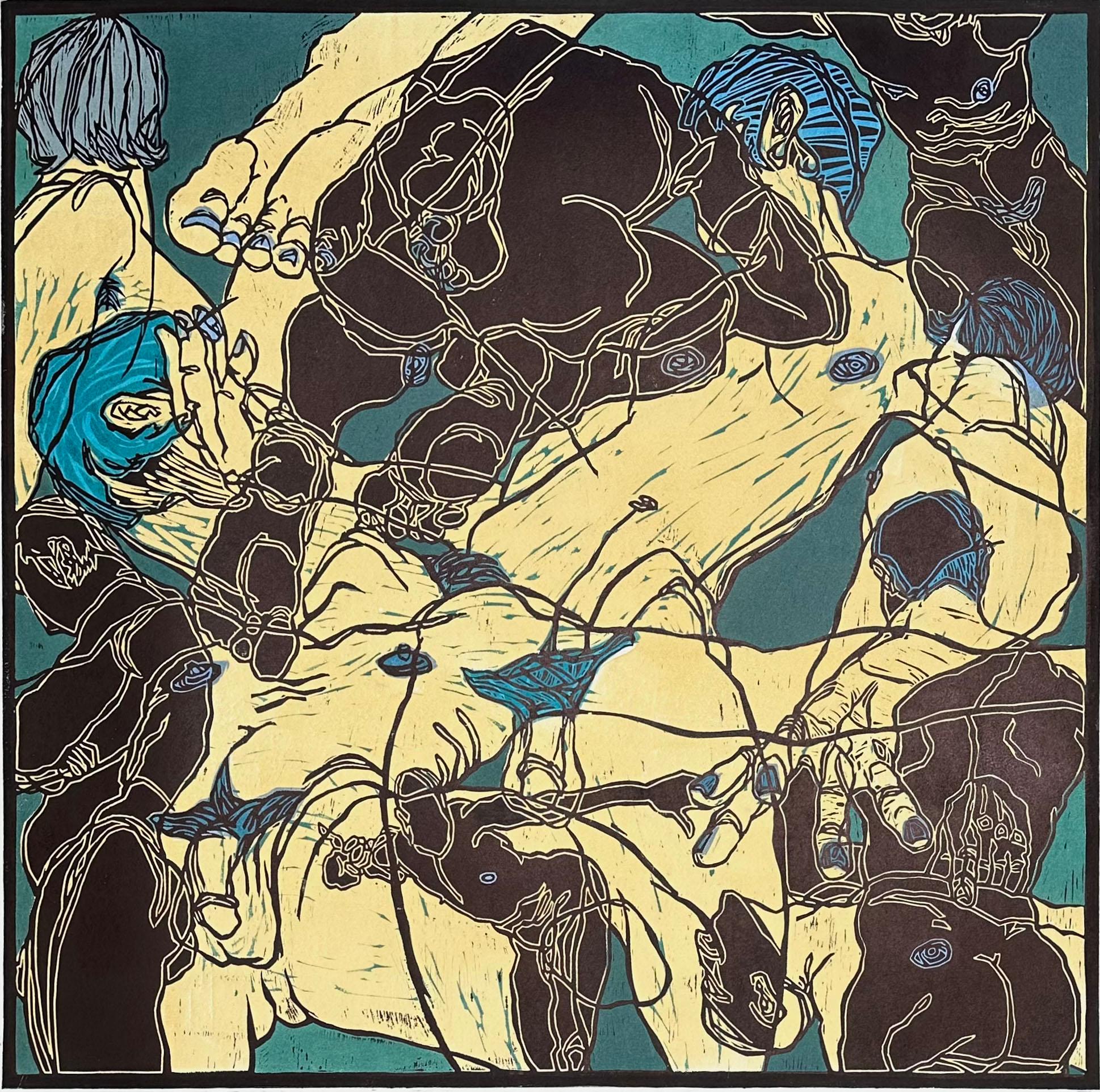 Signed on the front, and signed, titled and numbered on the reverse, This is an artist proof, unique color variant, aside from the edition of 15. An abstraction of male nudes.

 In January 2018, the Mexican Museum in San Francisco mounted an