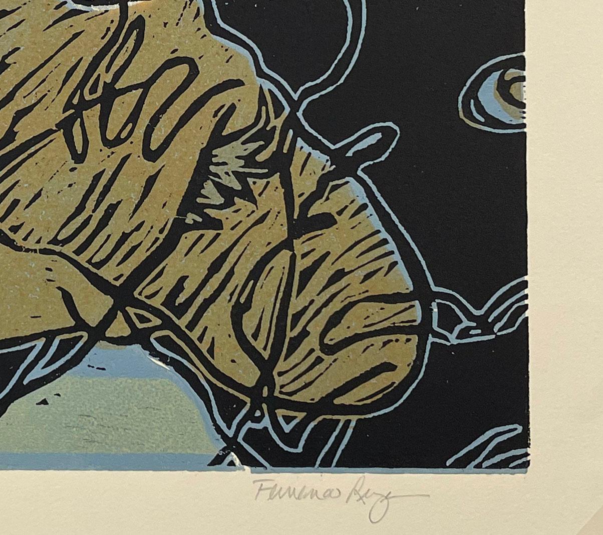 Dies ist ein einzigartiger Arbeitsabzug für eines der sechs Bilder, die die Gruppe der Drucke mit dem Titel The Gathering bilden.  Signiert und betitelt mit Bleistift, Working Proof III, neben der Ausgabe.

Reyes besuchte die School of the Art