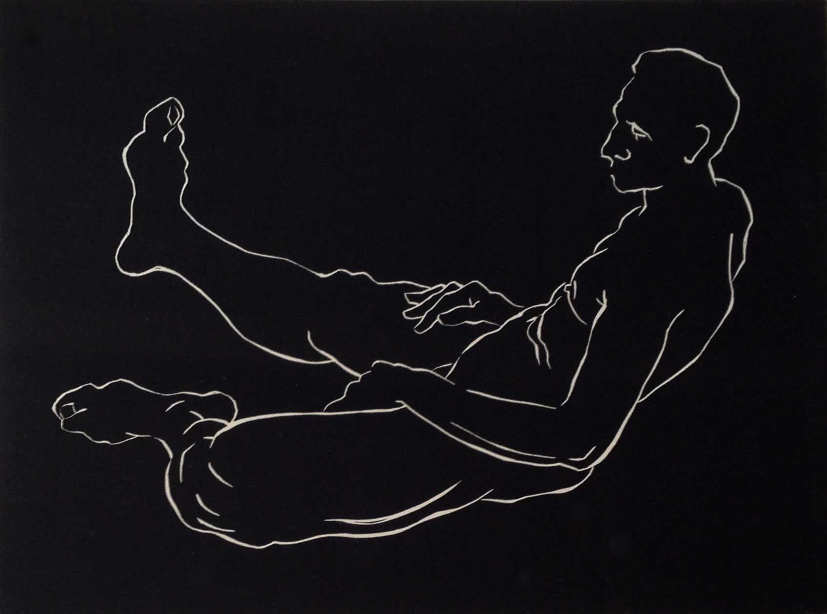 Signed and numbered linocut of a male nude reclining, from a series of 4 male and female nudes.

Reyes attended The School of the Art Institute of Chicago, where he received a Bachelor of Fine Arts degree in 1997. After moving back to California, he